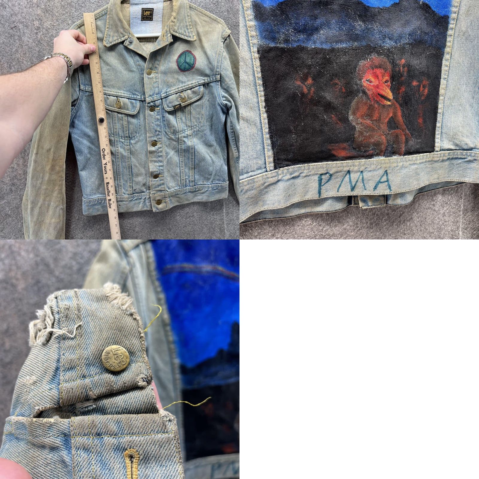 Lee VINTAGE Lee Riders Jacket Men Small Blue Denim Hand Painted Peace Hippie USA 70s Size US S / EU 44-46 / 1 - 8 Thumbnail