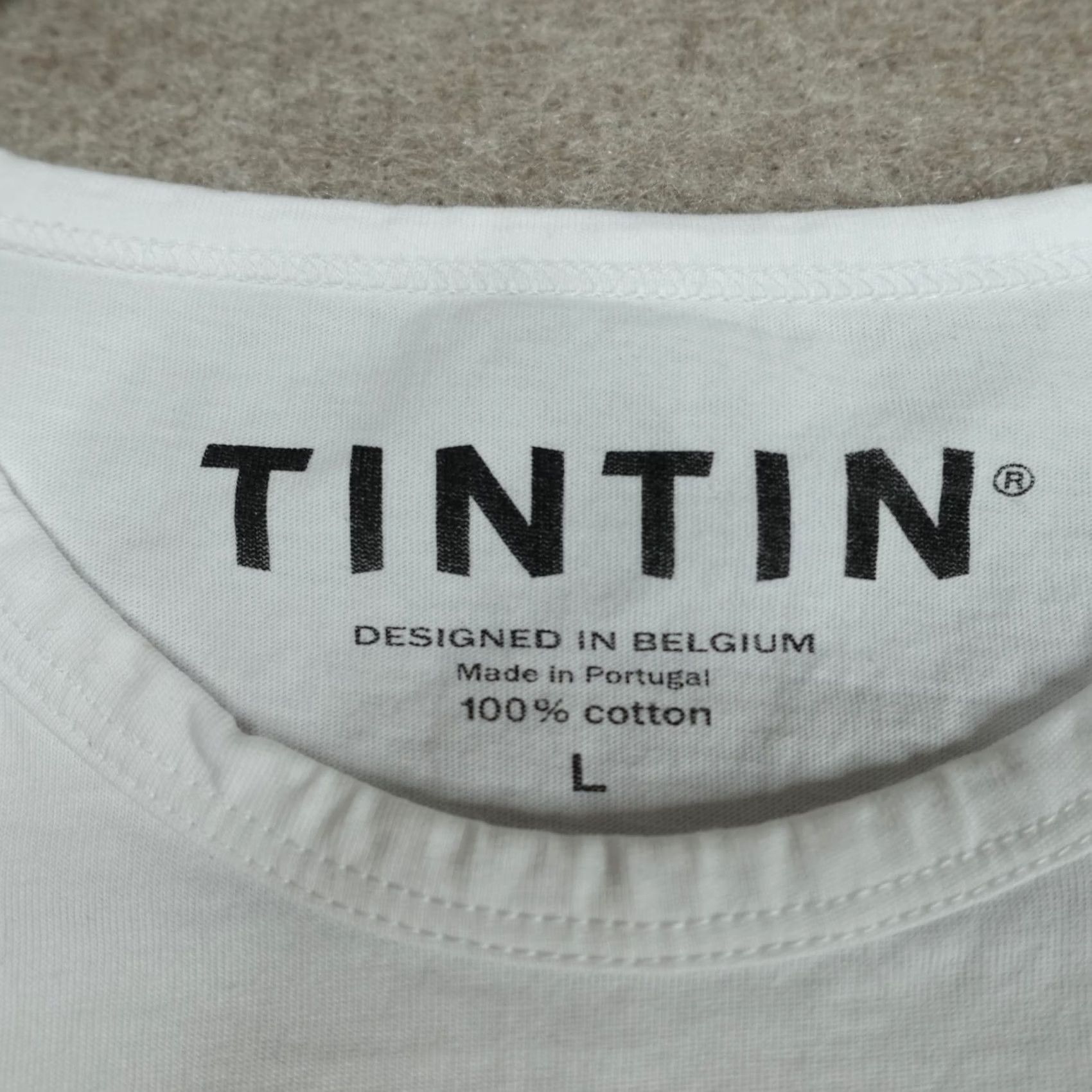 Vintage Tintin Shirt Large White 100% Cotton Made in Portugal Graphic Print Crew Neck Short Sleeve Unisex Adults T-Shirt (2020-2029) Portugal Linen? Size US L / EU 52-54 / 3 - 3 Thumbnail