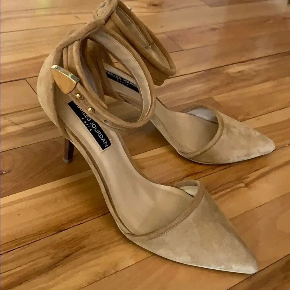 CharlesJourdan camel suede ankle strap pumps
