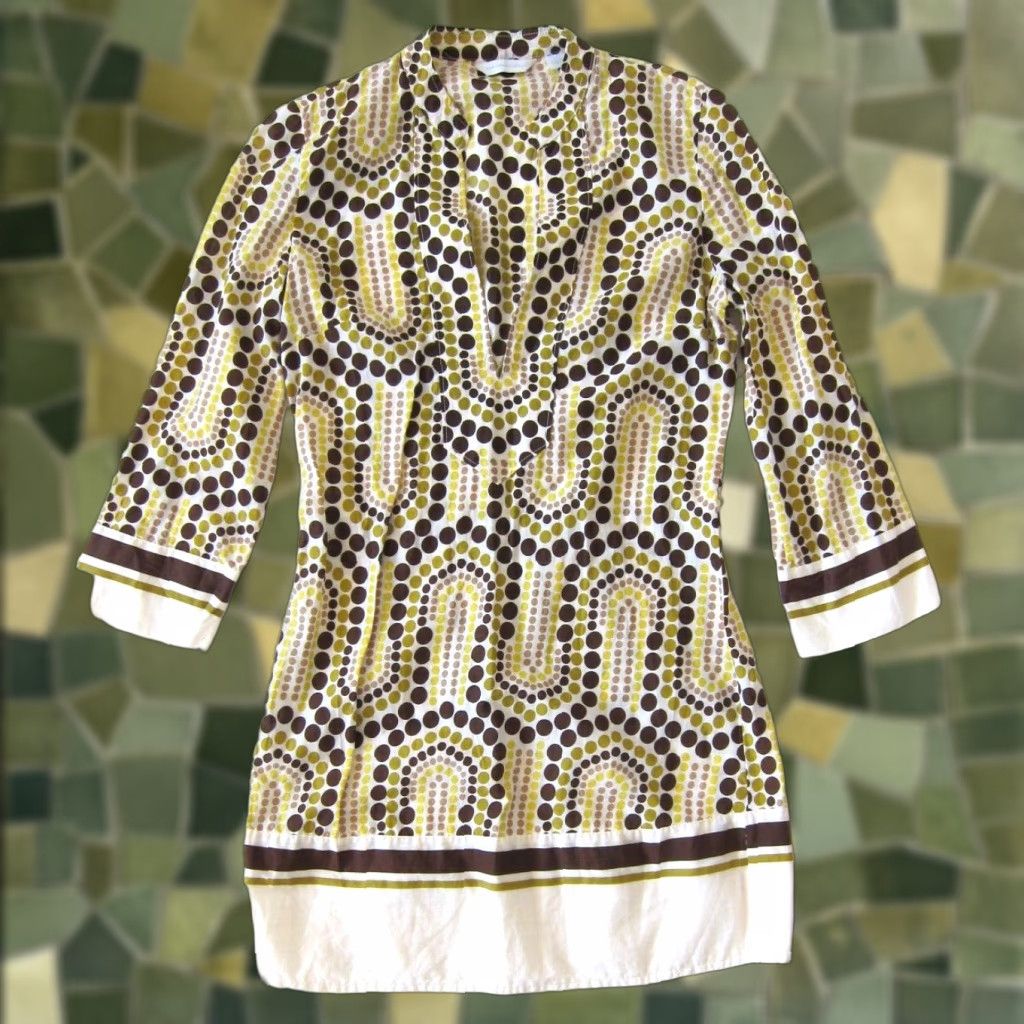 Vintage New York & Company Blouse XS V-Neck 3/4 Sleeve Polka Dot Tunic Shirt Womens Yellow Brown 100% Cotton Size XS / US 0-2 / IT 36-38 - 1 Thumbnail