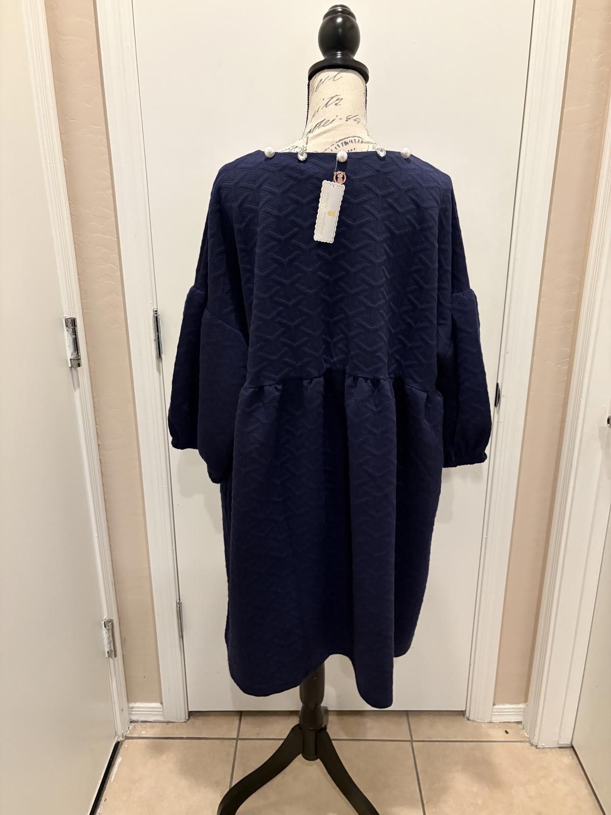 Other Navy Textured Dress with Pearl and Gem Neckline Size 3XL / US 20-22 - 3 Thumbnail