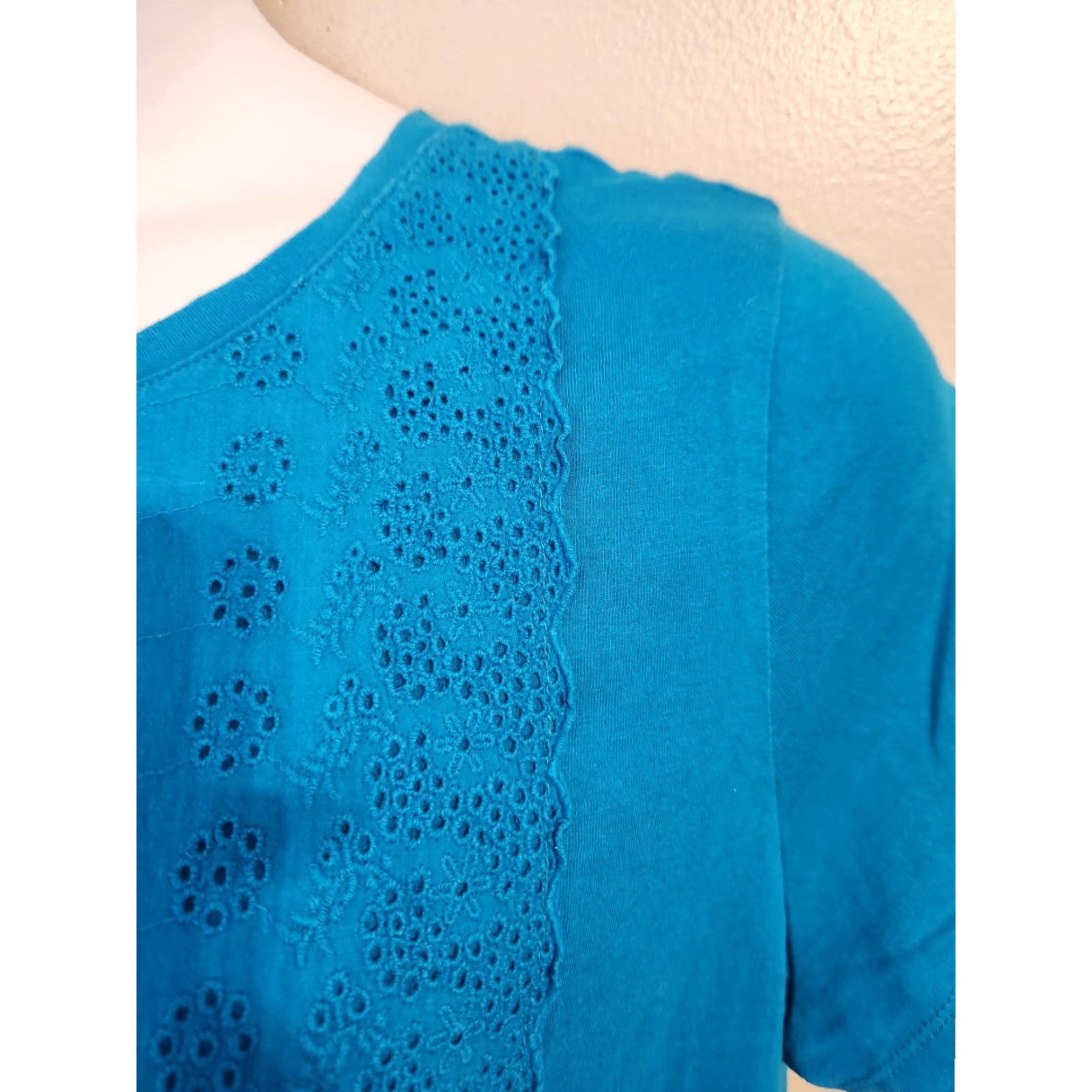 Vintage Laura Scott Blue Eyelet Casual Top Shirt Boho XL 16 18 Women T-Shirt Crew Neck Short Sleeve Cap Sleeve 100% Cotton Easy Care Size XL / US 12-14 / IT 48-50 - 3 Thumbnail