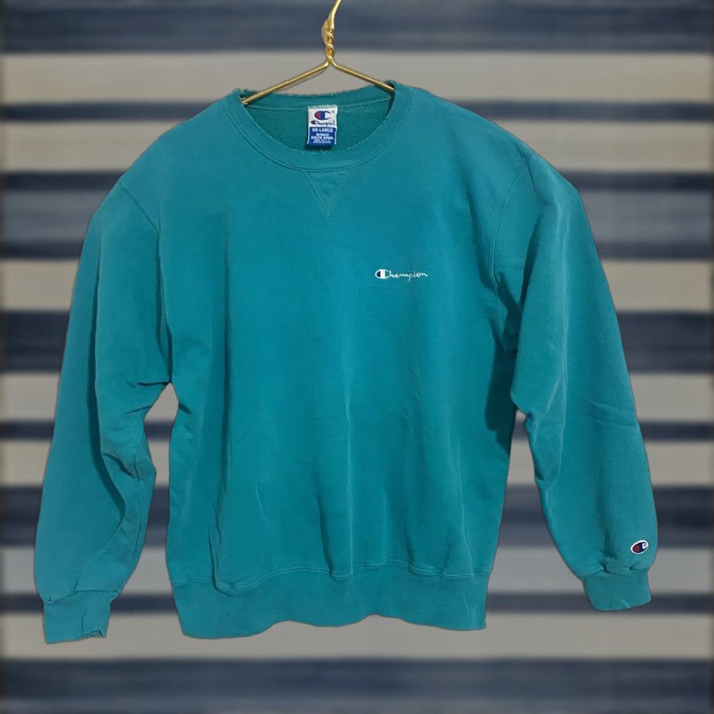 VINTAGE Champion Sweatshirt Turquoise Teal Blue Script Logo Made in USA XXL Mens 90s