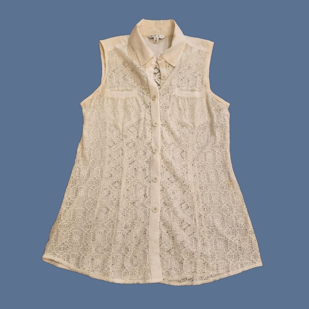Vintage CAbi Shirt Womens Small Ivory Lace Sleeveless Button Front Collared Sheer Blouse Size S / US 4 / IT 40 - 1 Thumbnail