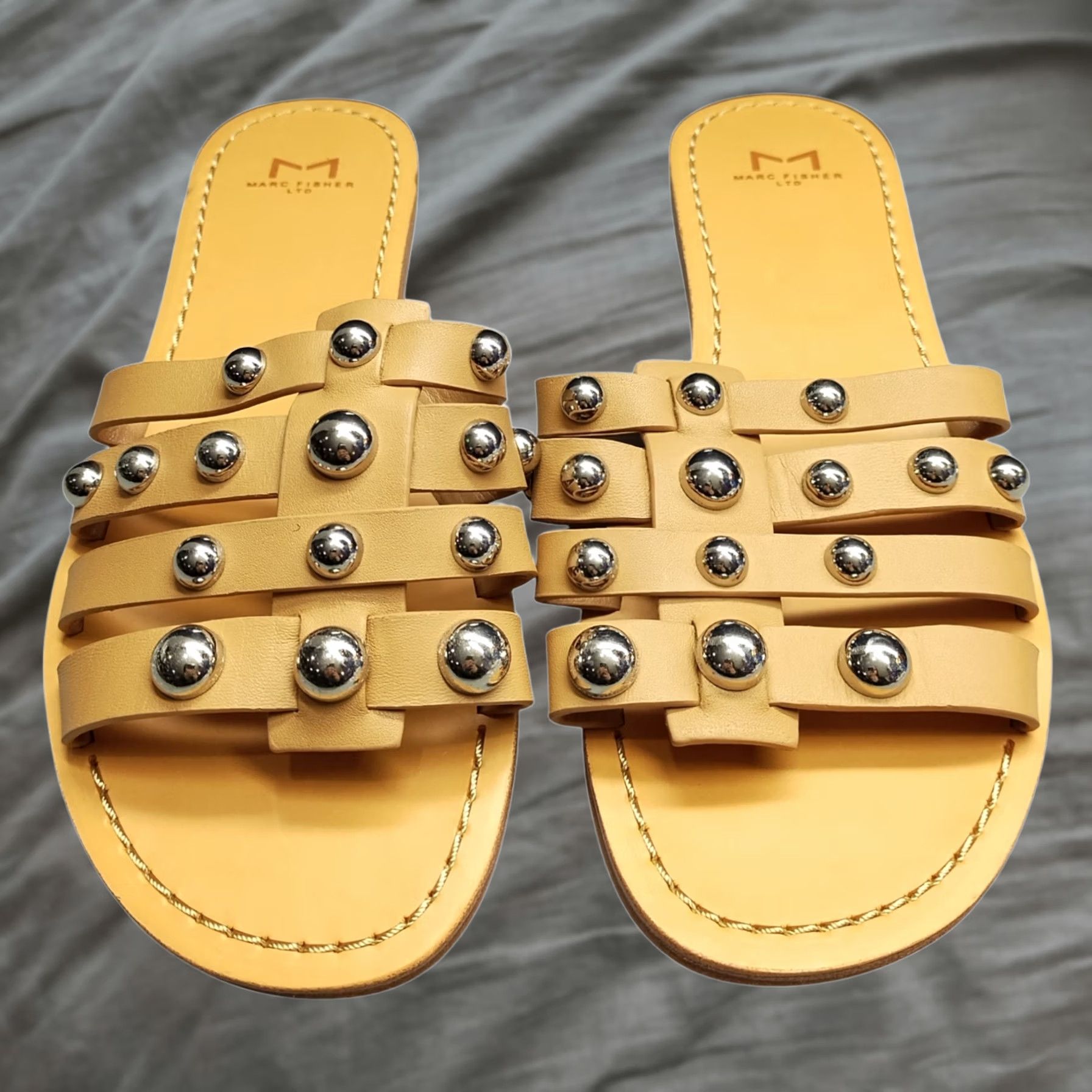 Marc Fisher Marc Fisher LTD Pava Slide Sandals Womens US 7.5M Brown Leather Studded Slip On Size US 8 / IT 38 - 1 Thumbnail
