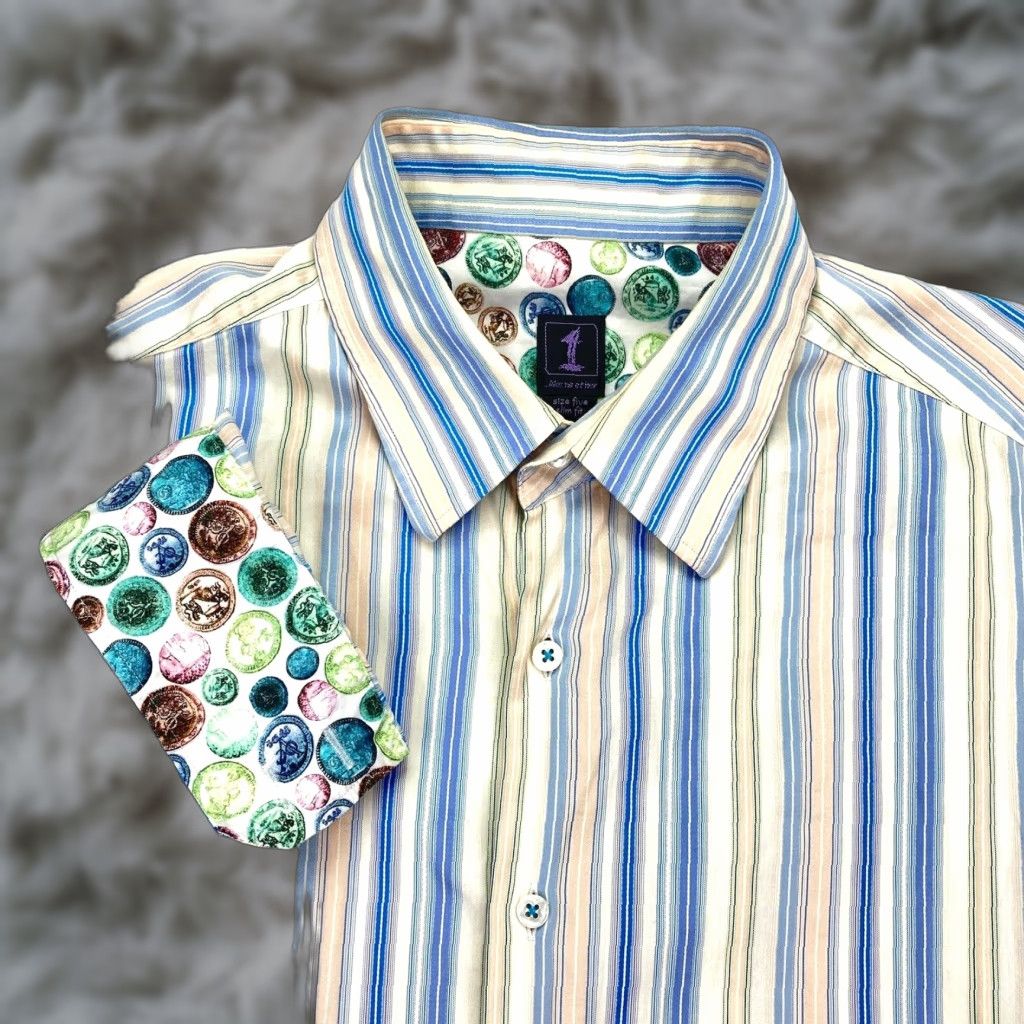 VINTAGE 1 LIKE NO OTHER Men’s Shirt Striped Blue Slim Fit Button-Down Long Sleeve Flip Cuffs Size 5 UK Mens