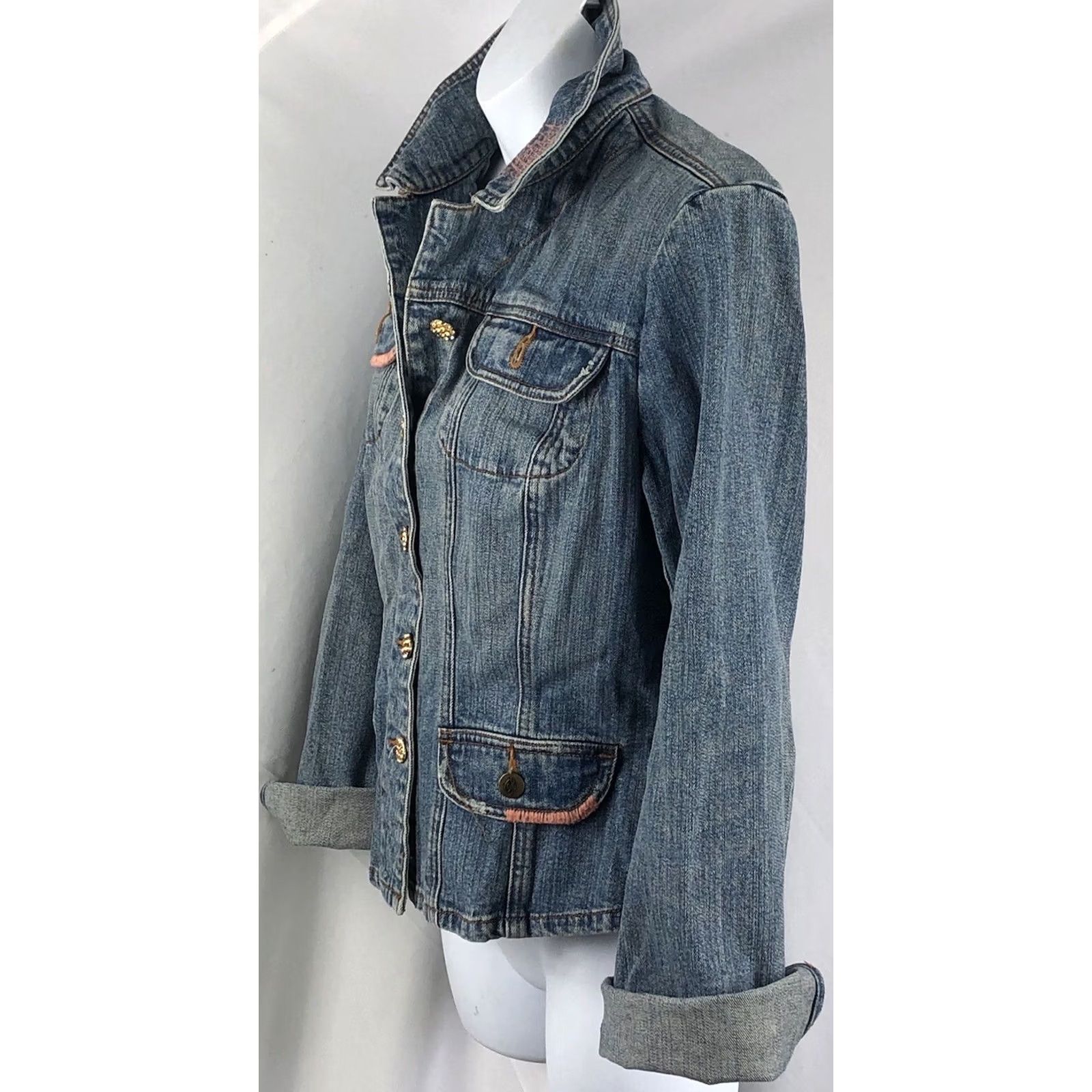 Denime Vintage Denim Jacket M Blue Jean Peach Bead Satin Patchwork Tapestry boho Hippie Size 32" / US 10 / IT 46 - 3 Thumbnail