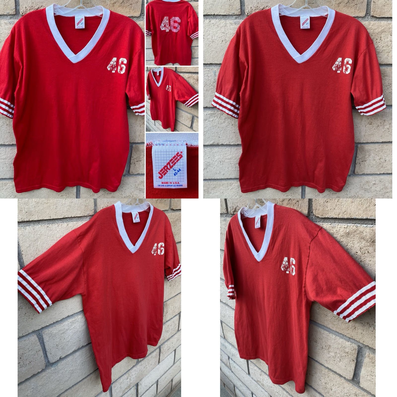 Jerzees VINTAGE Jerzees Red V-Neck Athletic Jersey Shirt Mens L Striped Sleeves 46 T-Shirt Size US L / EU 52-54 / 3 - 9 Thumbnail
