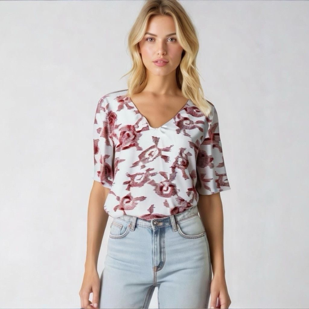 Equipment Femme Blouse S White Red Floral 100% Silk Designer