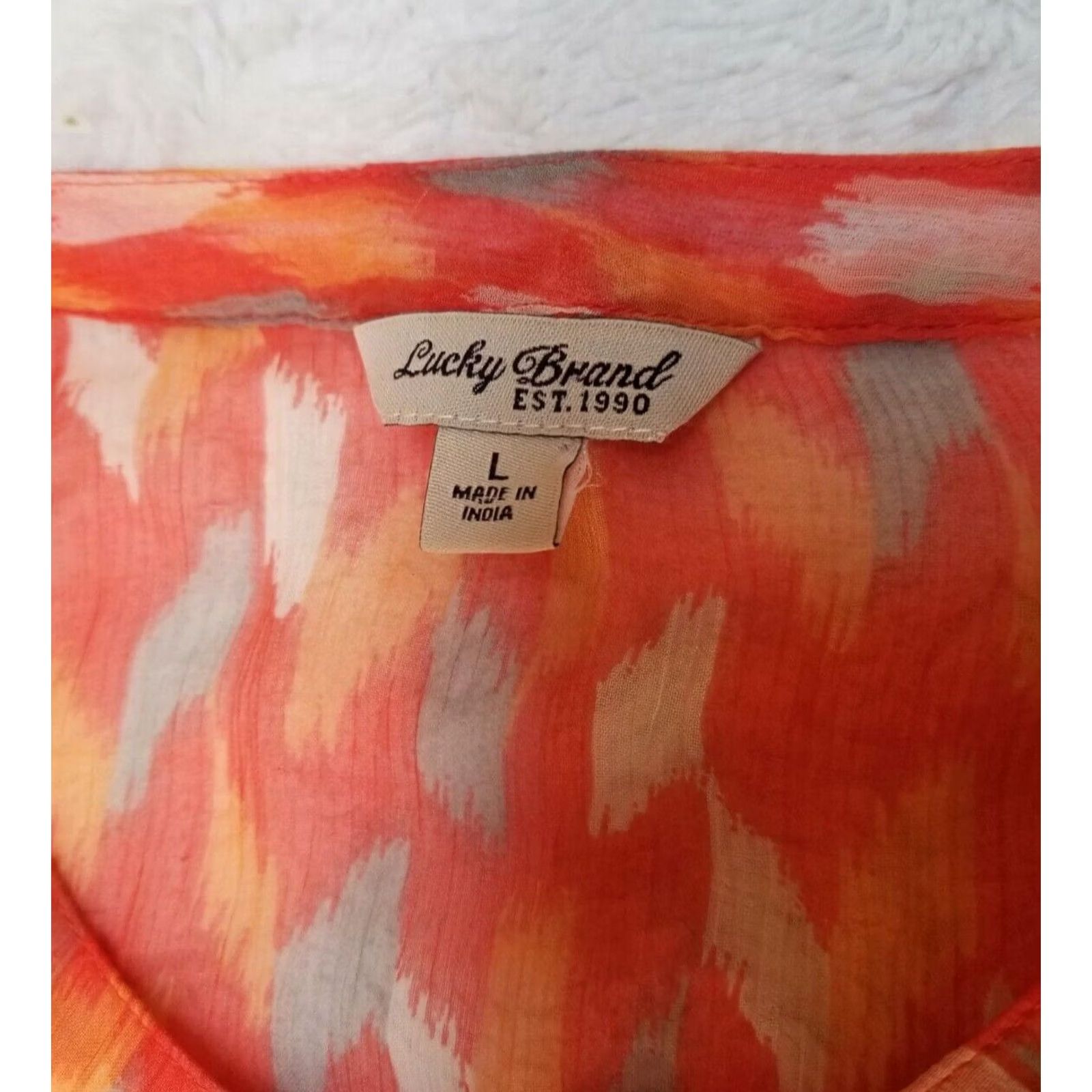 Lucky Brand Lucky Brand Womens Abstract Orange Sheer Button Down Top V-Neck Cap Sleeve Large Size L / US 10 / IT 46 - 3 Thumbnail