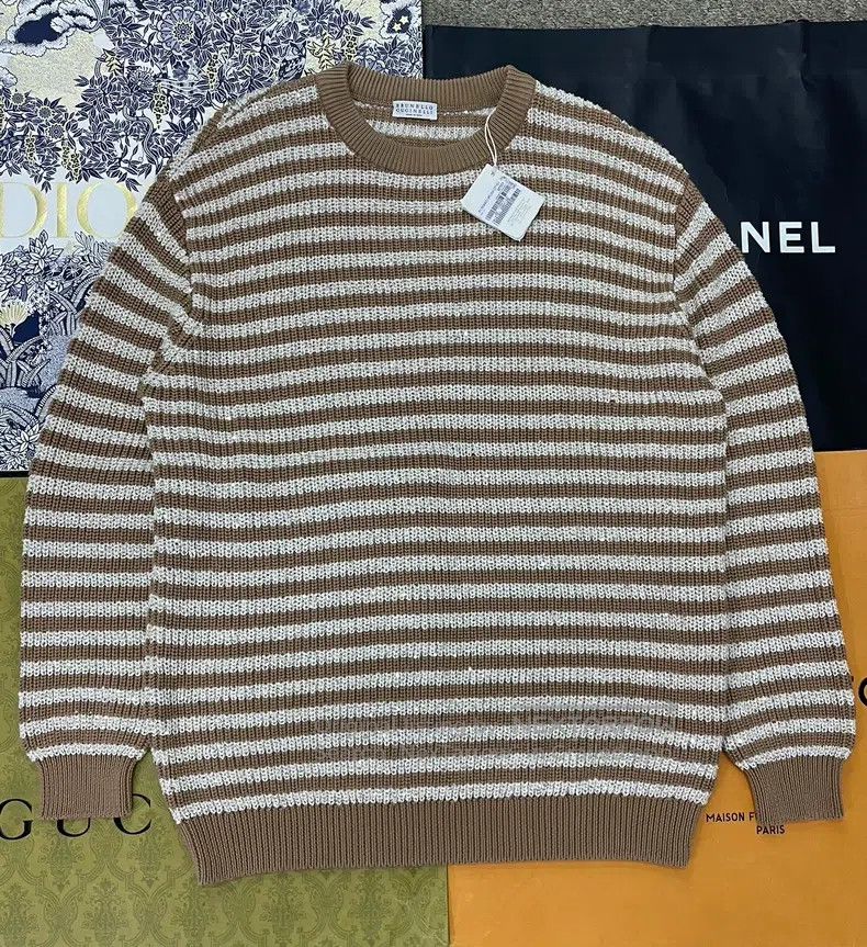 Brunello Cucinelli Caramel and White Striped Sequin Knit S