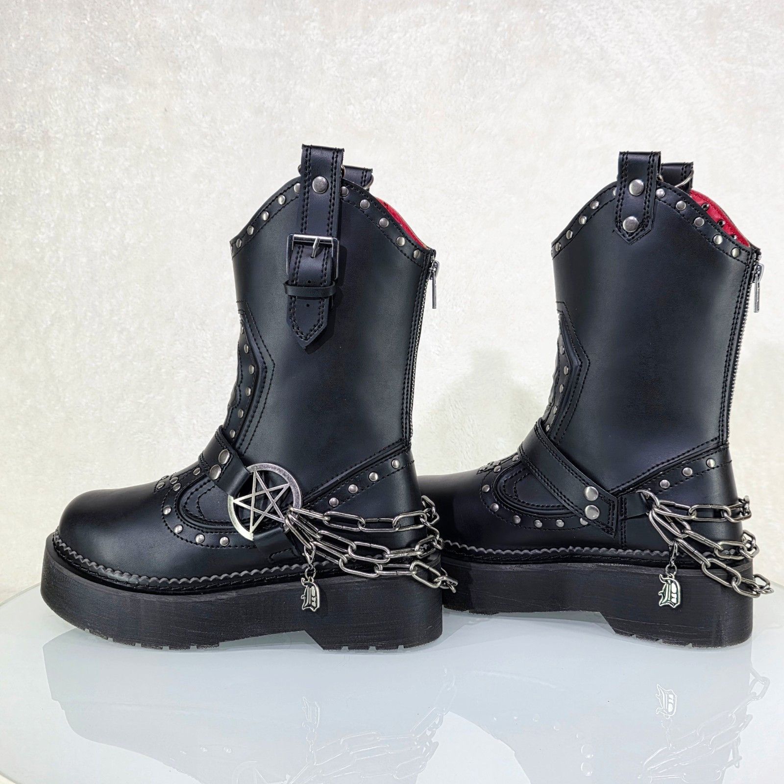 Other Rebel Goth Punk Engineer Western Mid Calf Boots Skull Chains Size US 7 / IT 37 - 4 Thumbnail