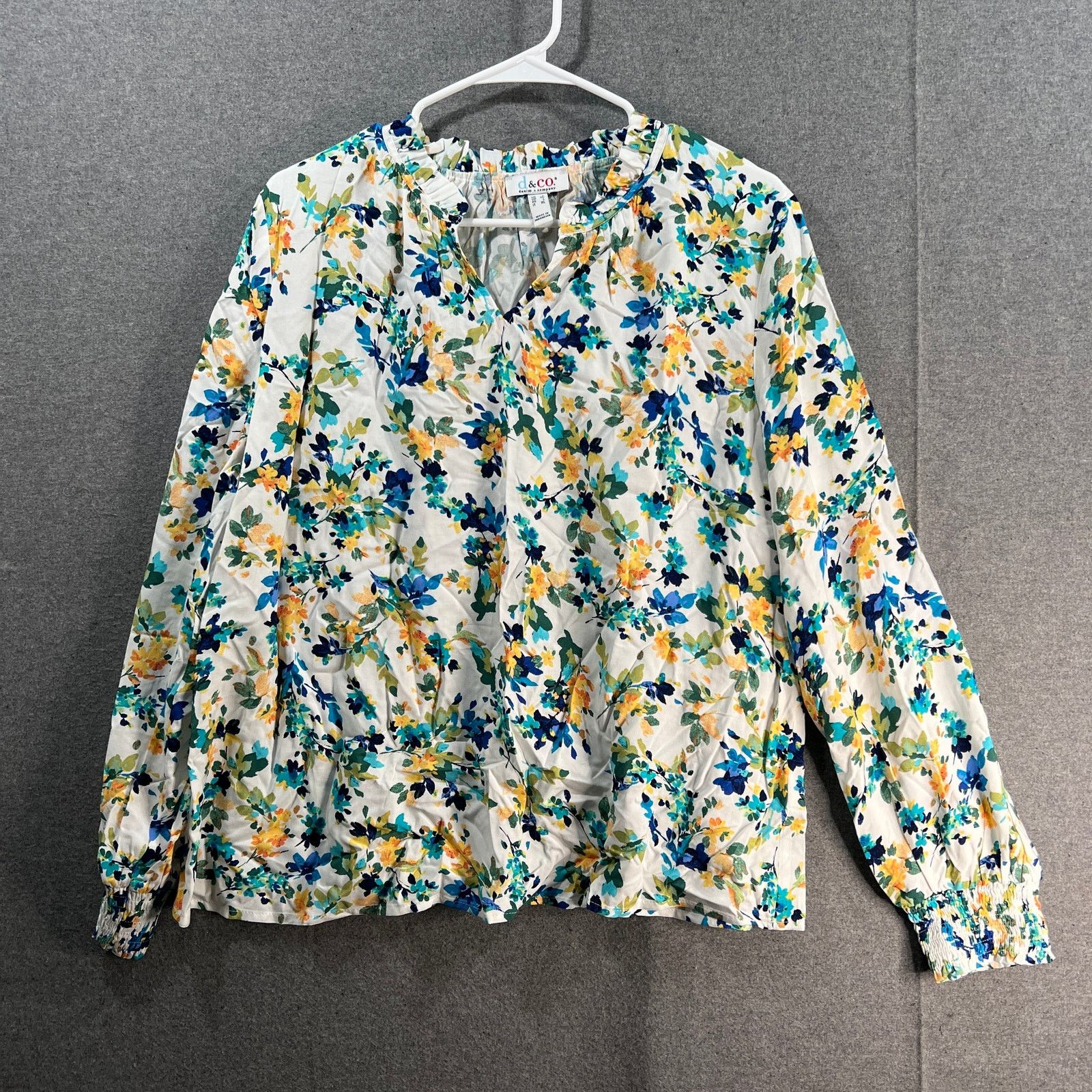 Denim & Co. Denim & Co. Printed Smocked Cuff Woven Blouse White, Large Size L / US 10 / IT 46 - 1 Thumbnail