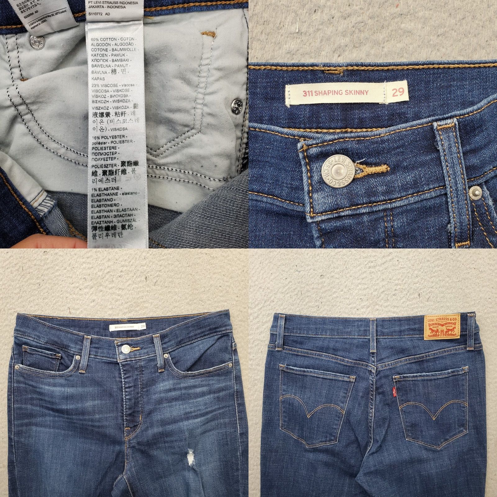 Levi's Levi's 311 Shaping Skinny Jeans Womens 29 Blue Denim Whiskered Distressed Medium 5-Pocket Inseam 28" Size: Womens 29 Size 29" - 8 Thumbnail