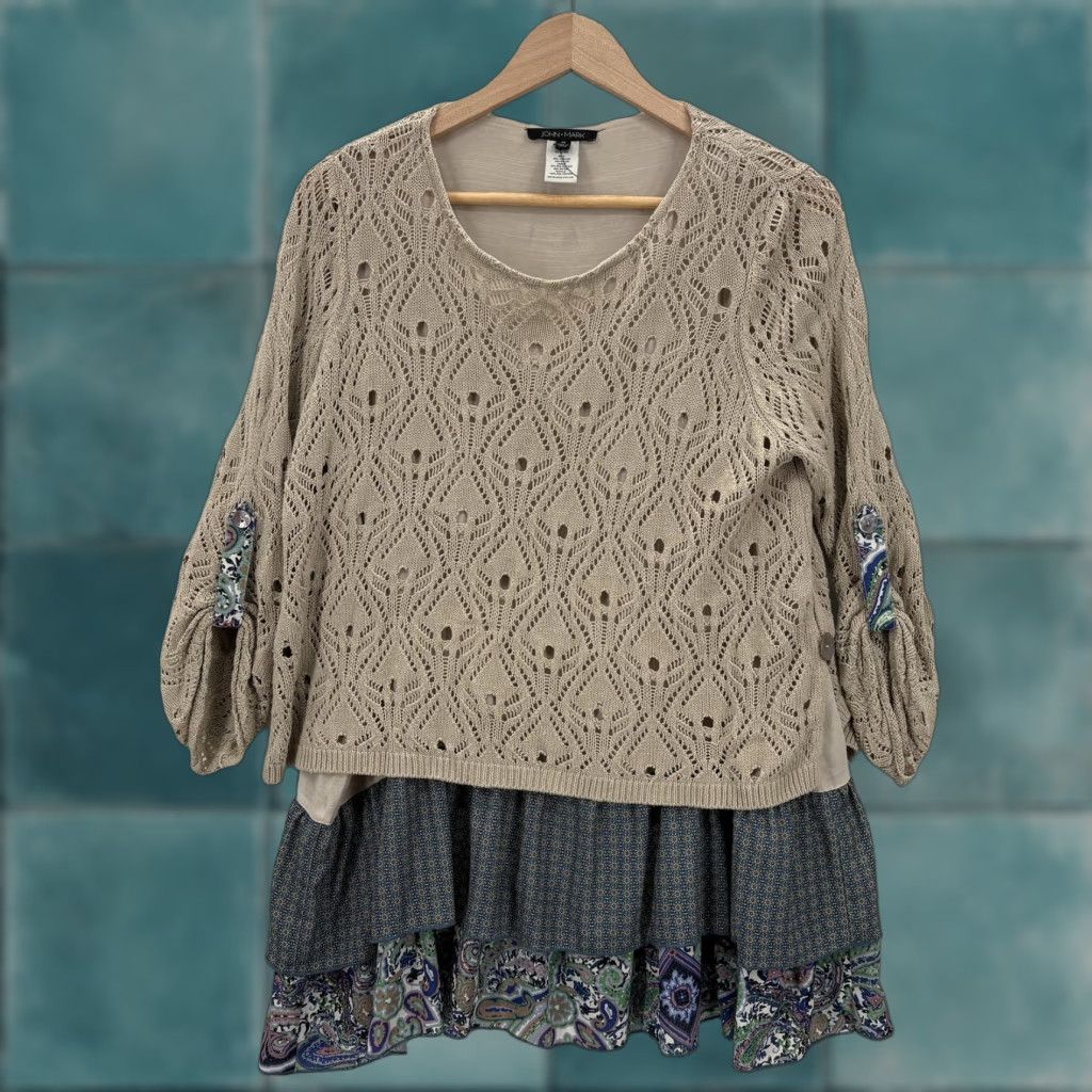 Vintage John Mark Sweater Womens Medium Beige Open Knit Layered Ruffle Hem Boho Size M / US 6-8 / IT 42-44 - 1 Thumbnail