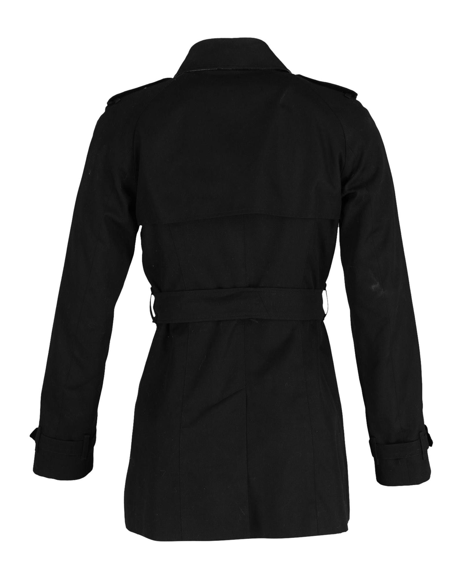 Image of Burberry Double-Breasted Black Gabardine Trench Coat With Belted Detail, Women's (Size Small)