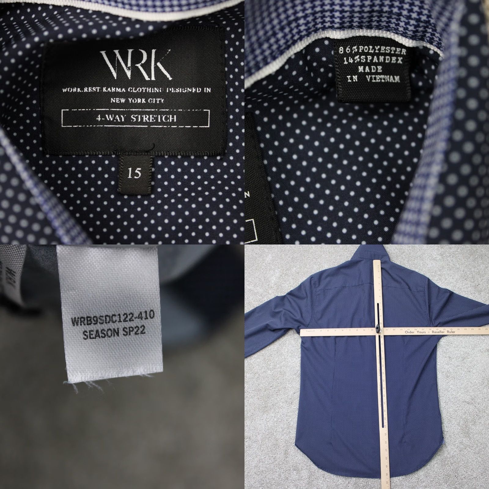 Vintage WRK Dress Shirt Men 15 Blue Geometric 4-Way Stretch Polyester Stretch L/S Button Shirt Mens Blue Geometric 4-Way Stretch Dress Shirt Size 40R - 8 Thumbnail