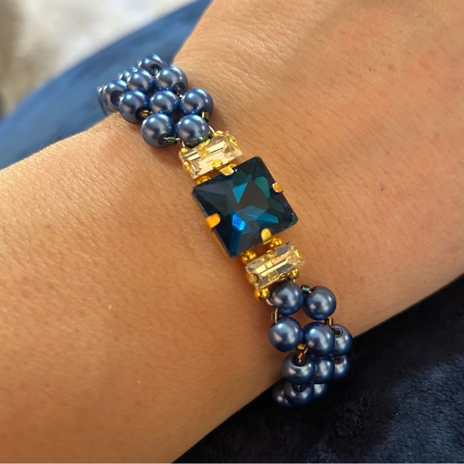 Handmade Handcrafted royal blue Czech glass pearl glass bar bracelet Size ONE SIZE - 1 Thumbnail