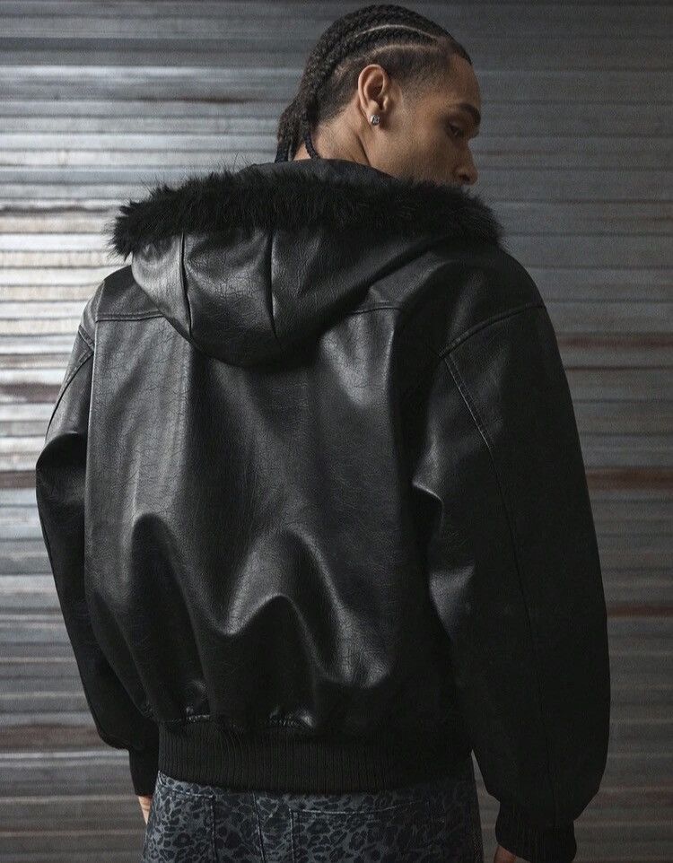 Japanese Brand Black Faux Leather Bomber Jacket with Fur Lining Size US XL / EU 56 / 4 - 5 Thumbnail