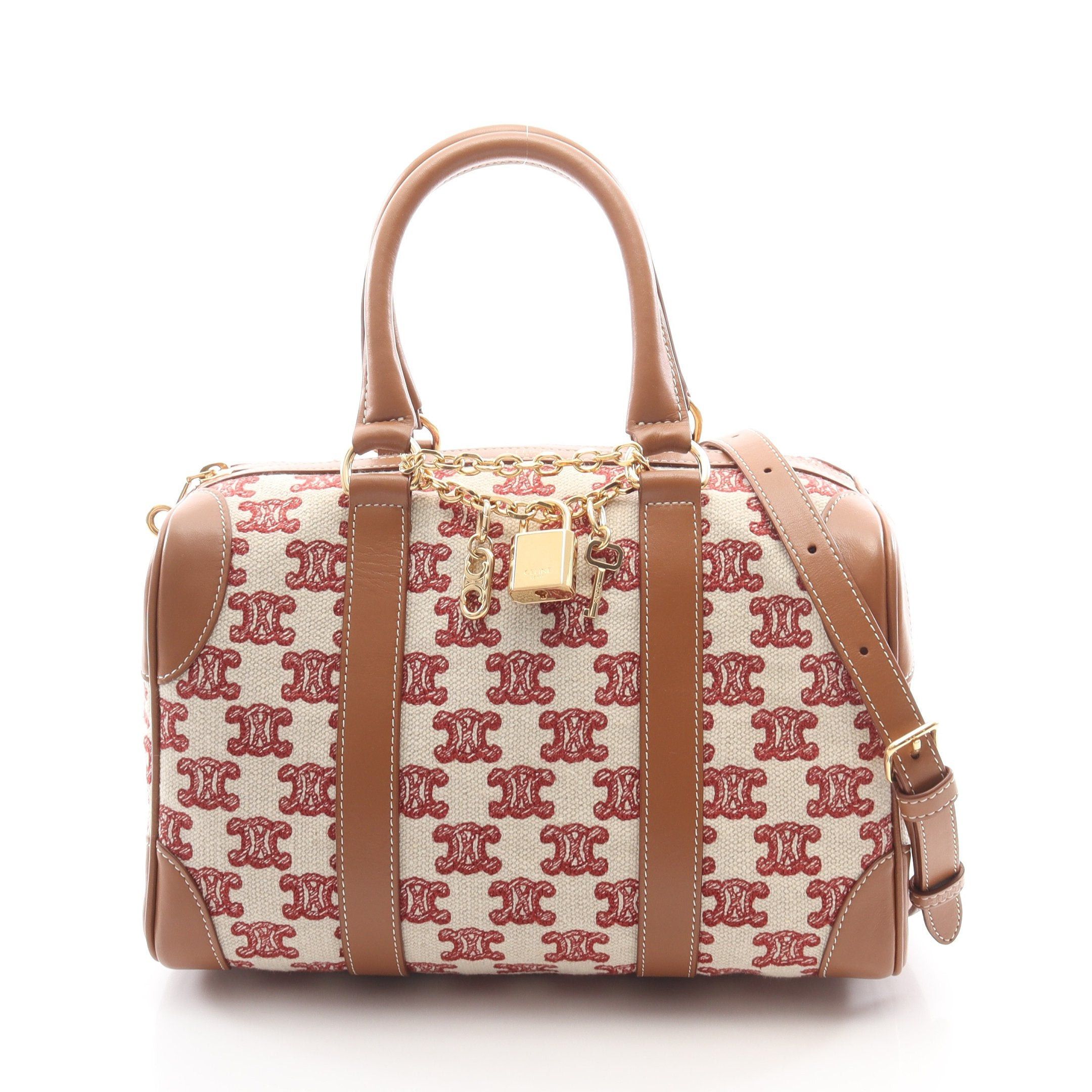 Celine Celine Triomphe Handbag Mini Boston Bag Canvas Leather Ivory Red Light Brown Size ONE SIZE - 1 Thumbnail