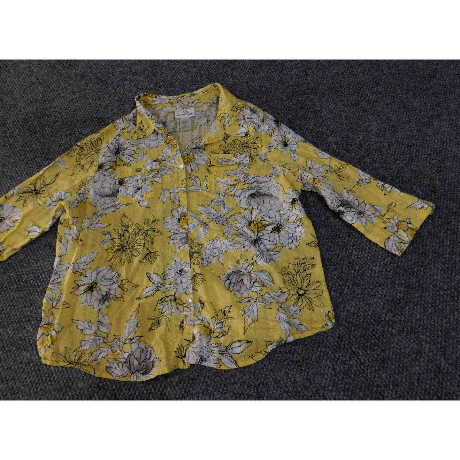 Vintage Alfred Dunner Shirt Womens Large Yellow Floral Metallic 3/4 Sleeve Button Up Size L / US 10 / IT 46 - 4 Thumbnail