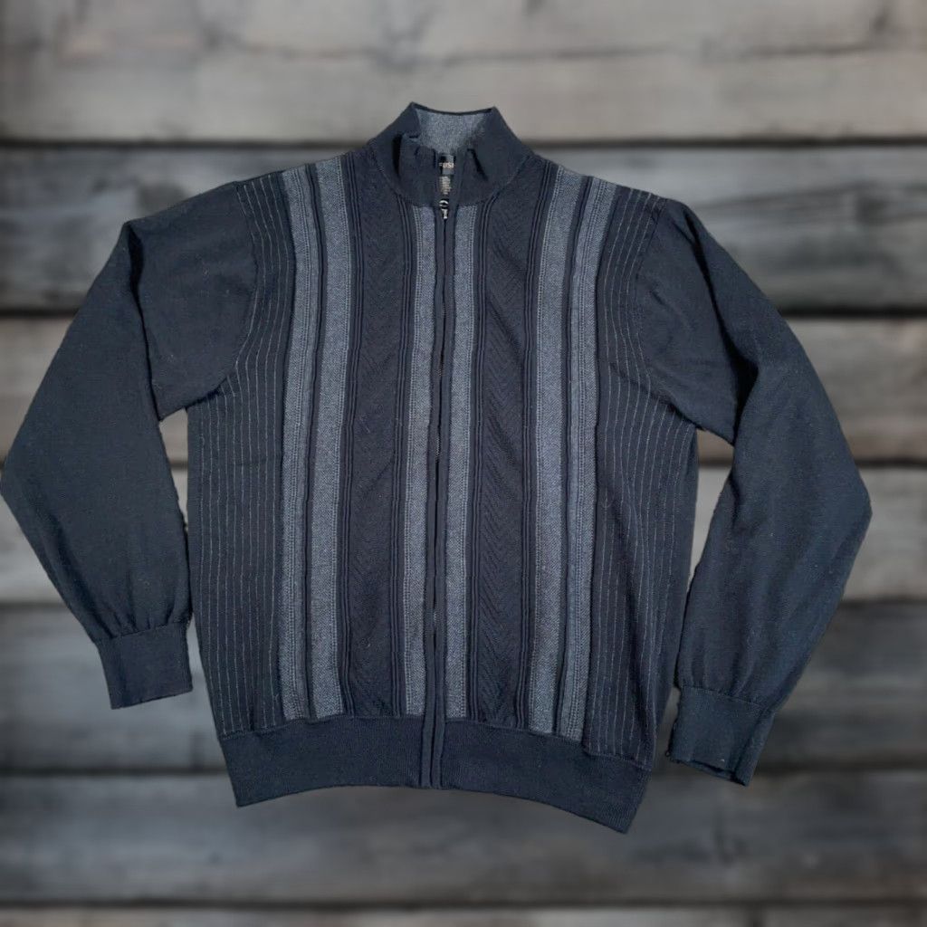 Vintage Retro Textured Geometric Zip Up Sweater Adult XL Black Gray Striped Mock Neck Size US XL / EU 56 / 4 - 1 Thumbnail