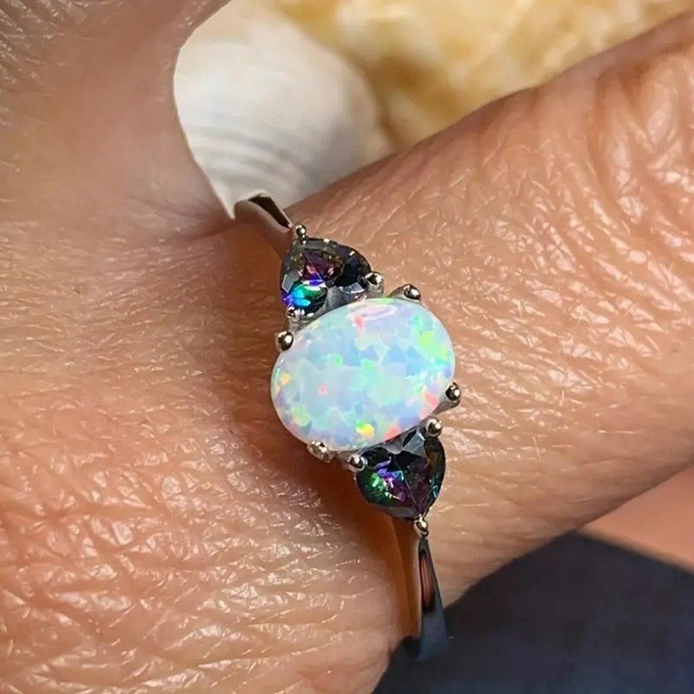 Designer White Opal & Heart Shaped Mystical Topaz Ring - Size 7 Size ONE SIZE - 10 Thumbnail