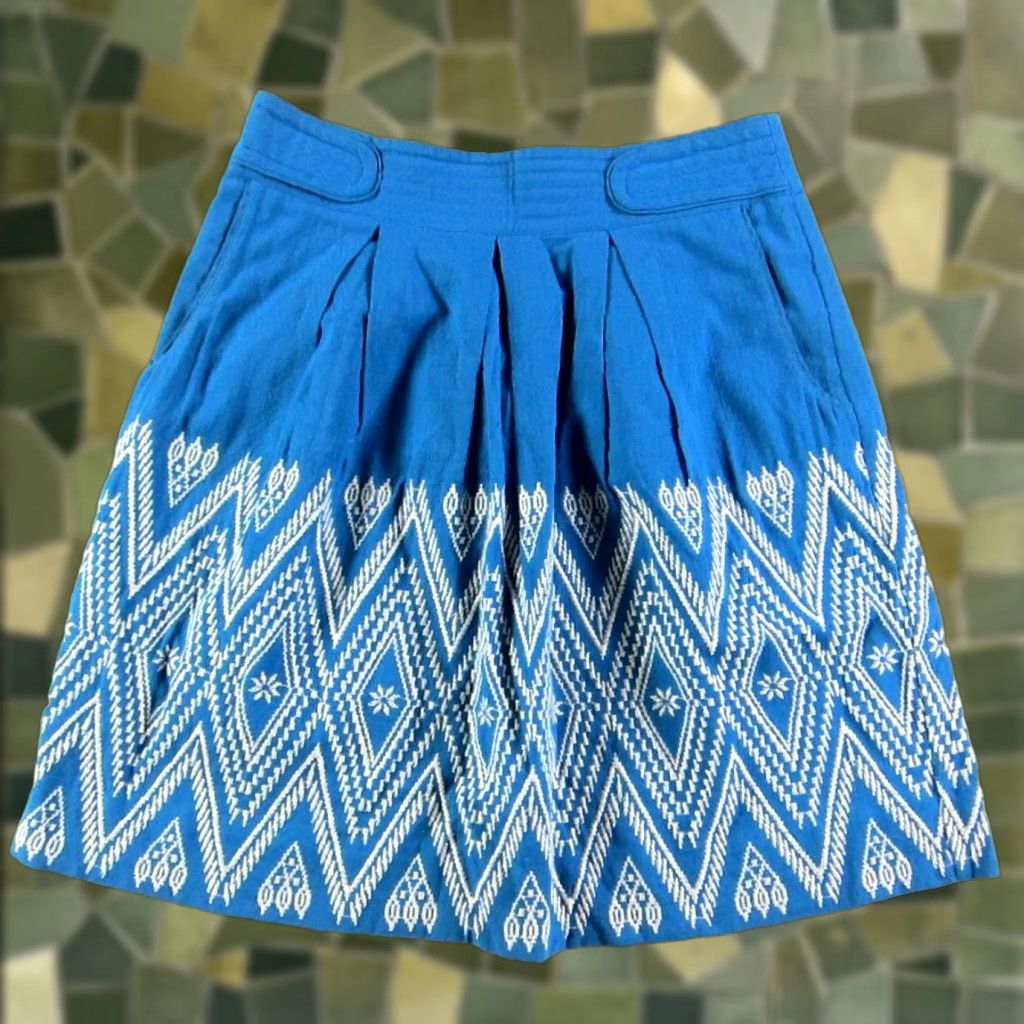 Anthropologie Floreat Anthropologie Cotton Embroidered Blue White A-Line Skirt Women 4 Size 27" / US 4 / IT 40 - 1 Thumbnail