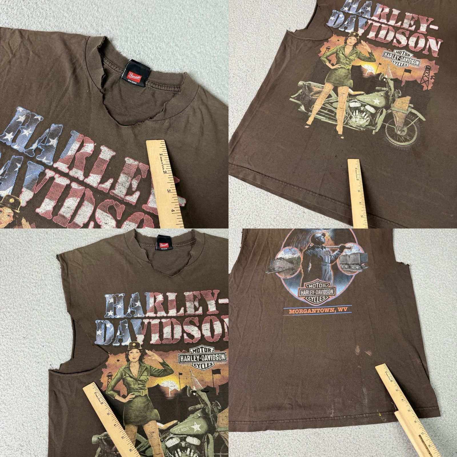 Harley Davidson VINTAGE Harley-Davidson T Shirt Mens L Brown Morgantown Army Rare Distressed Cut Off Graphic Print Crew Neck 2000s USA Y2K Harley Davidson Mens Size US L / EU 52-54 / 3 - 8 Thumbnail