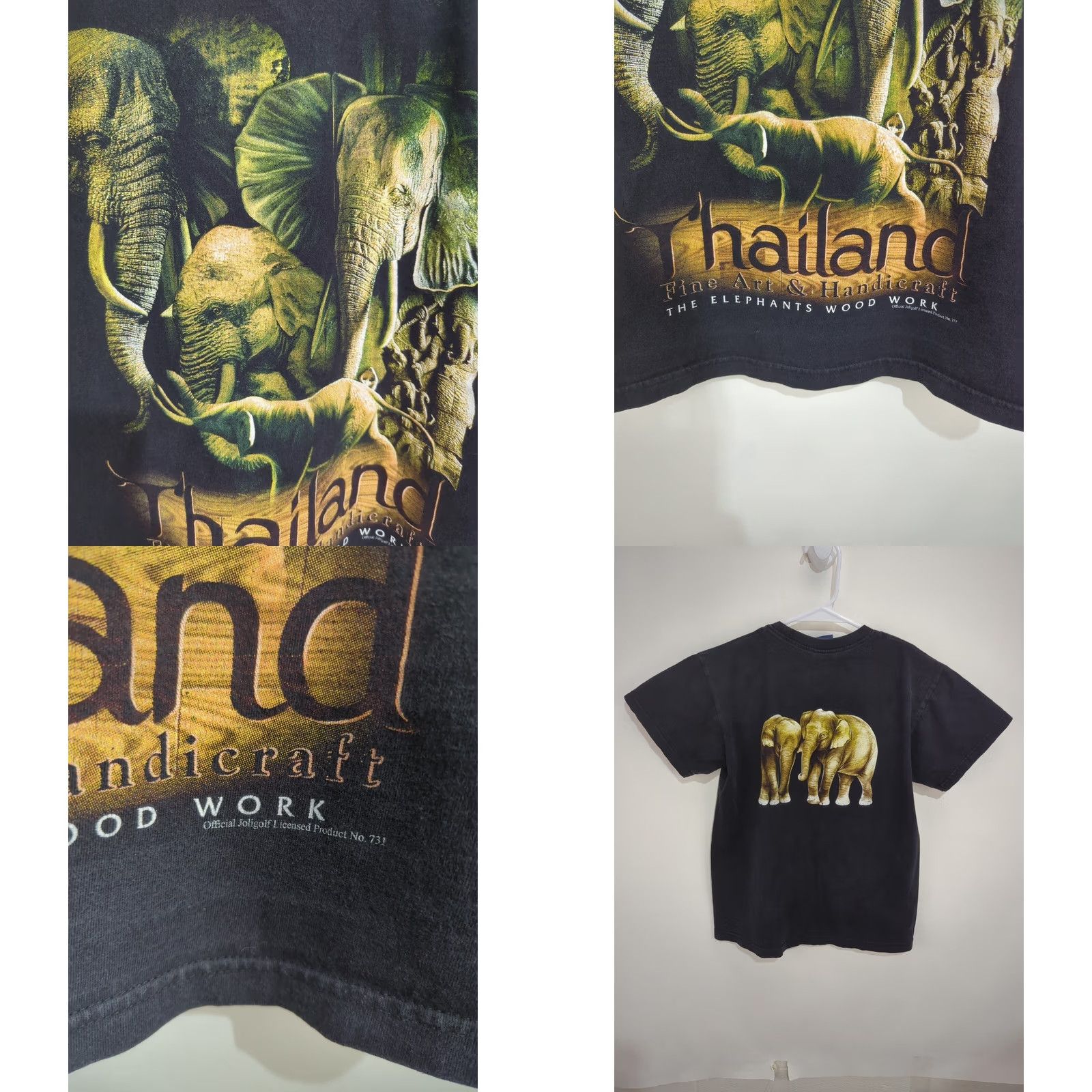 Vintage VINTAGE Joligolf Thailand Elephant Wood Works Men's Black Medium T Shirt Crew Neck Short Sleeve Cotton Knit Logo Art Nature Retro Clothing Mens Size US M / EU 48-50 / 2 - 8 Thumbnail