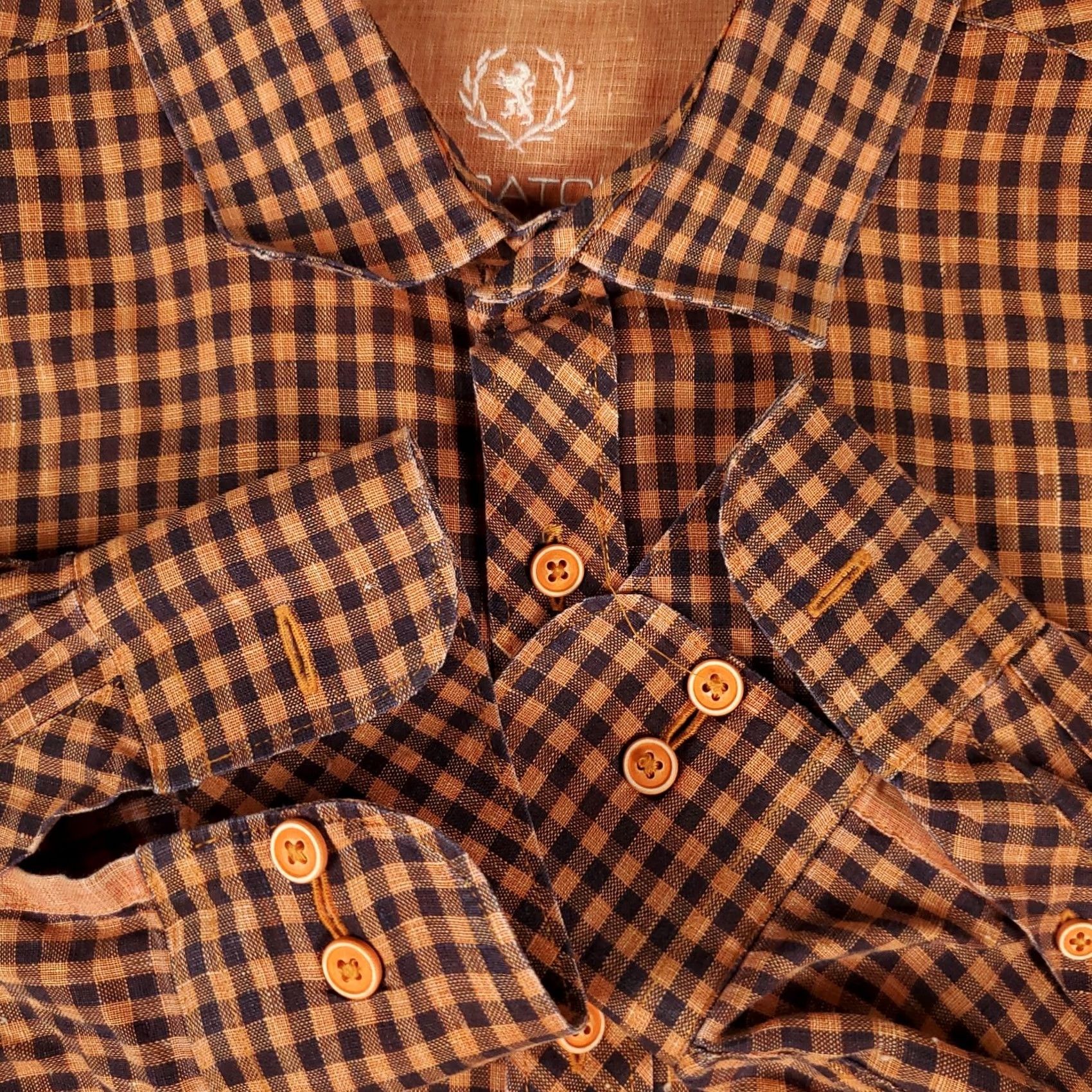 BUGATCHI Bugatchi Shirt Mens Large Orange Linen Check Button-Up Long Sleeve Size US L / EU 52-54 / 3 - 3 Thumbnail