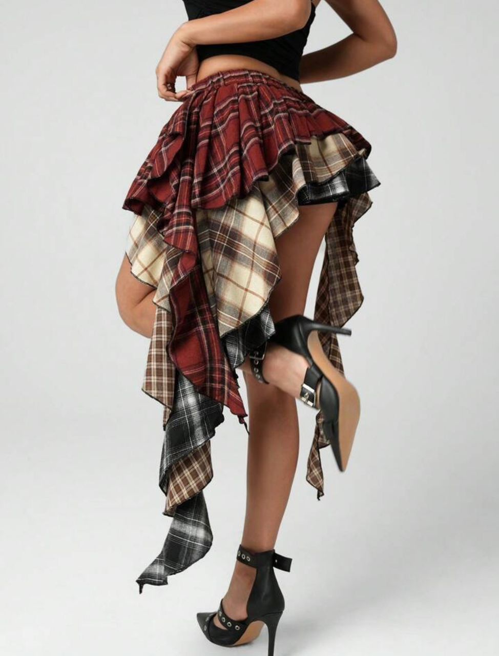 Shein SHEIN Icon Asymmetrical Ruffles Plaid Mini Skirt (201) Size 26" / US 2 / IT 38 - 2 Thumbnail