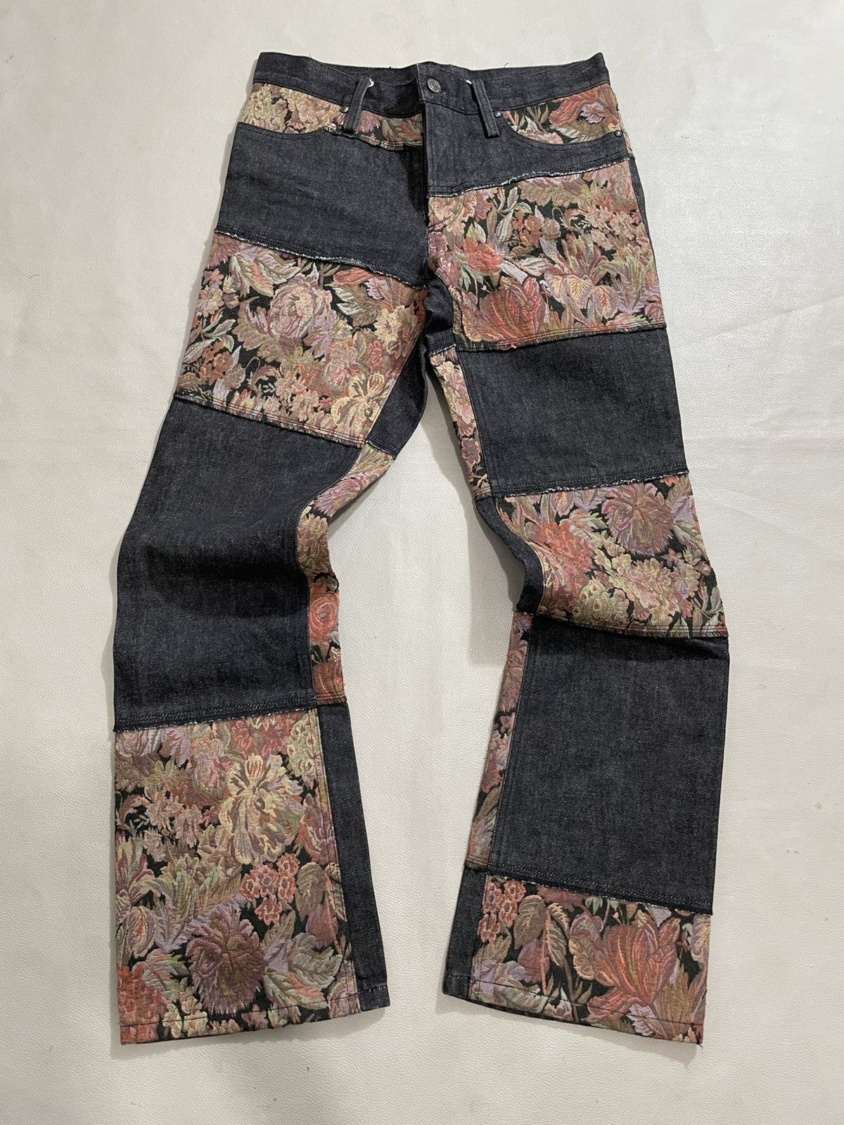 Shellac Flower Patchwork Low Flare Denim Jeans