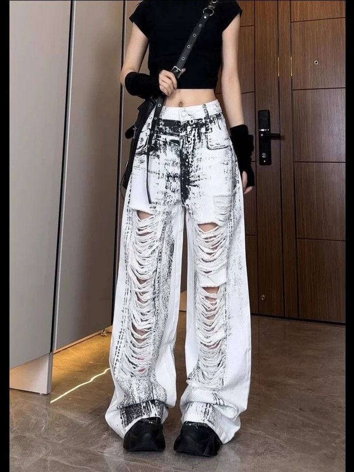 Women's Distressed Tie Dyed Ink Dirty White Jeans