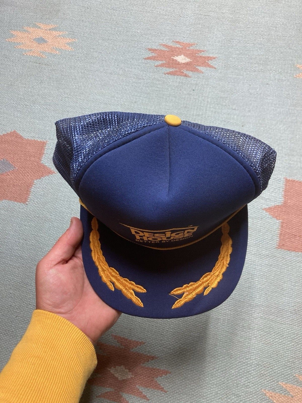 Vintage Trucker hat mesh design house gold leaf navy blue indiana Size ONE SIZE - 3 Thumbnail