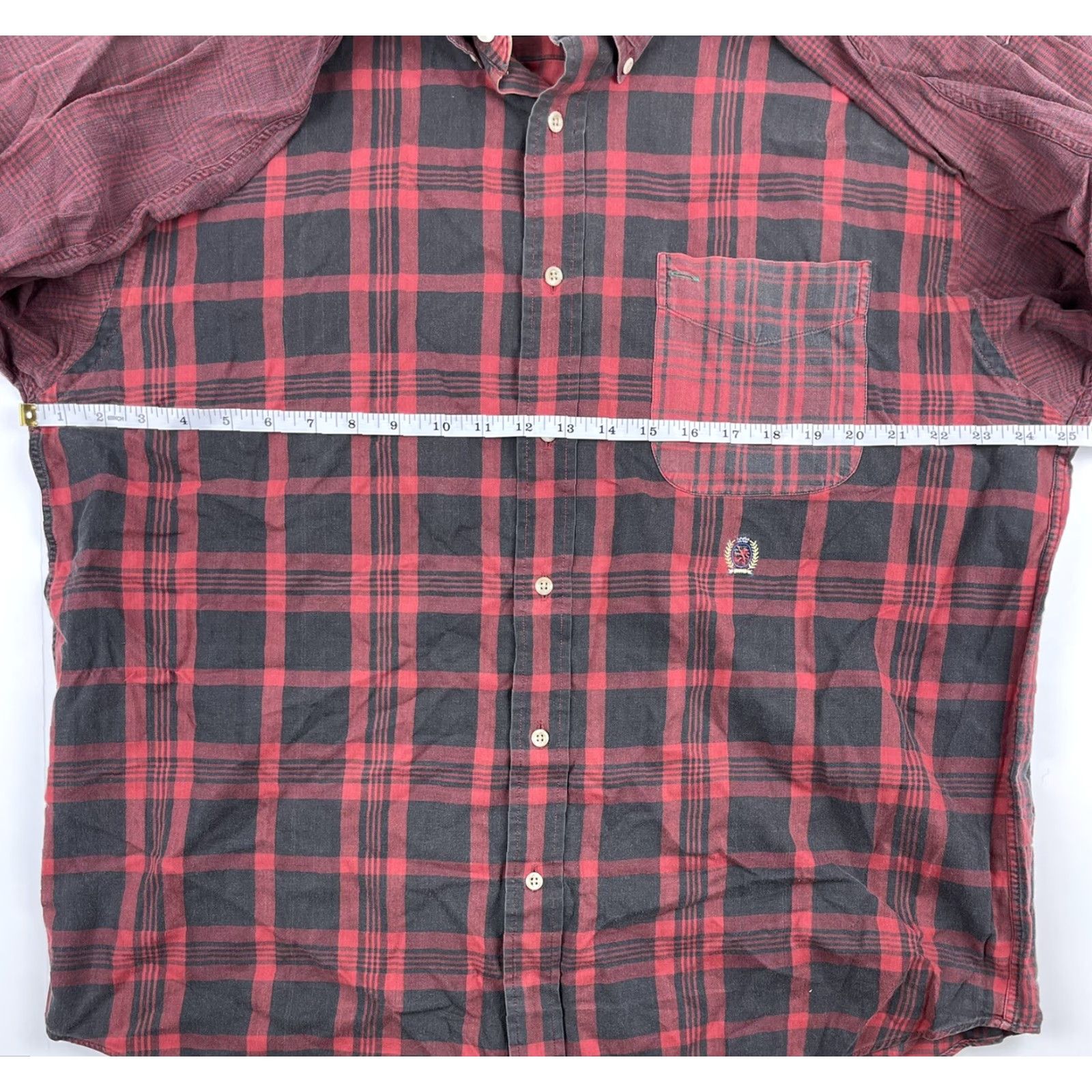Tommy Hilfiger VINTAGE Tommy Hilfiger Shirt Red Plaid Long Sleeve Button-Down Sz L Adult Large Red, Cotton, 90s, Preppy, Lion Crest, Logo, Pocketed Mens Shirt Size 42R - 5 Thumbnail