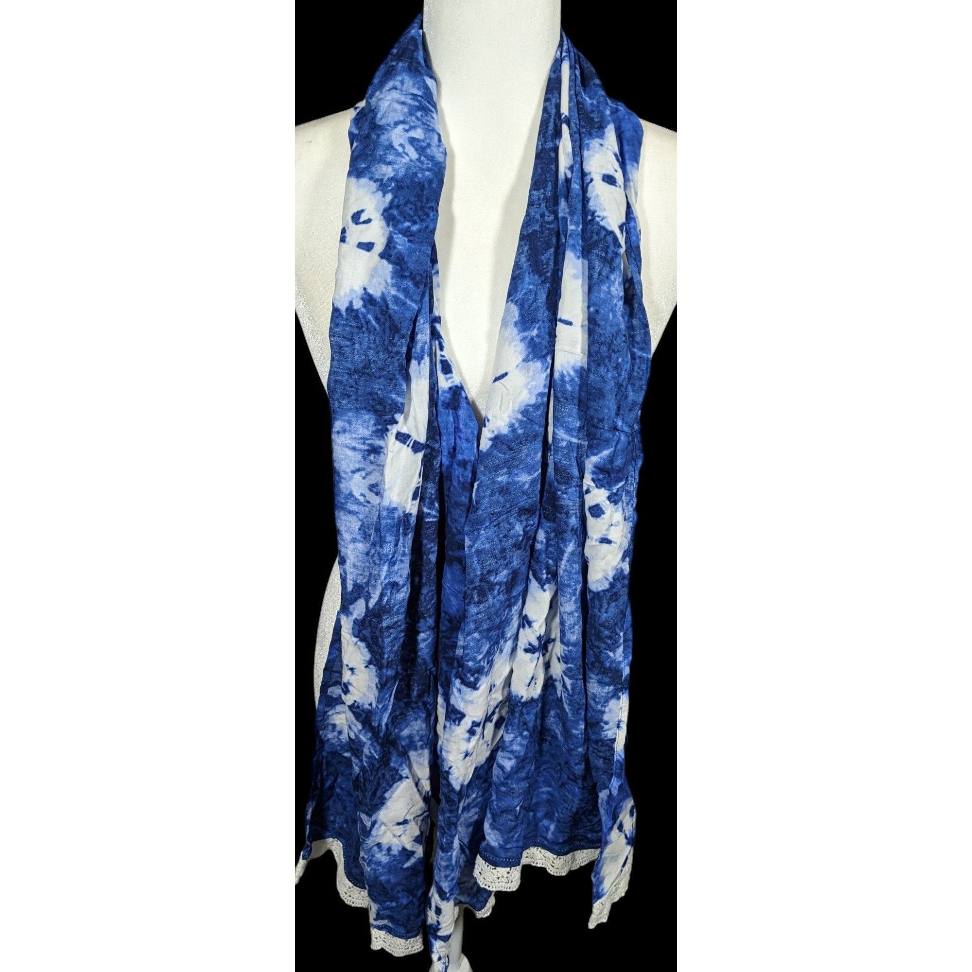 Other Bohemian Floral Blue And White Tie Dye Scarf With Lace Trim Size ONE SIZE - 4 Thumbnail