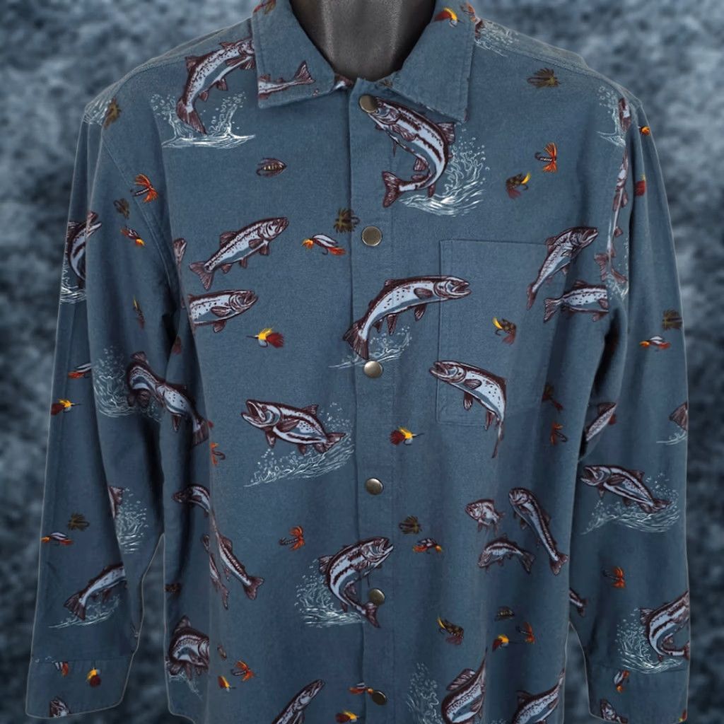 Roundtree & Yorke Roundtree & Yorke Fly Fishing Shirt Mens Size Small Blue All Over Print Button-Down Collared Long Sleeve Cotton Size US S / EU 44-46 / 1 - 1 Thumbnail