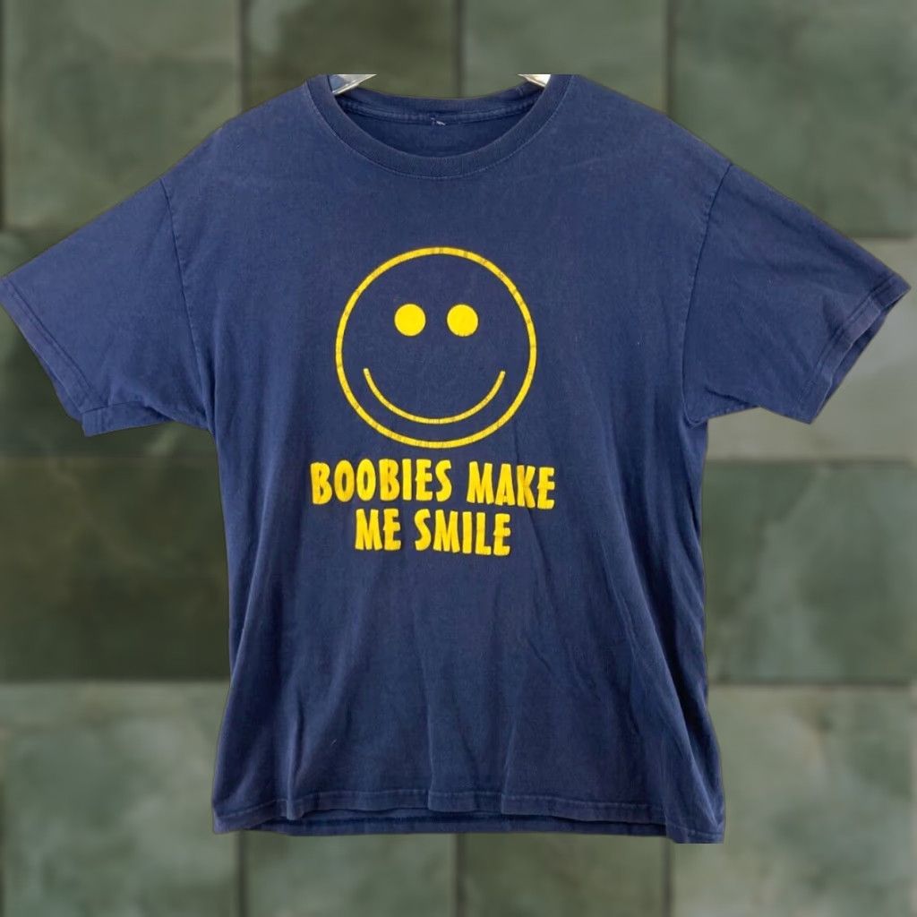 Vintage Boobies Make Me Smile Mens Shirt S Blue Crew Neck Short Sleeve T-Shirt Cotton Blend Jersey Mens Shirt Smilie Face 90s Classic Funny Sports Size US S / EU 44-46 / 1 - 1 Thumbnail