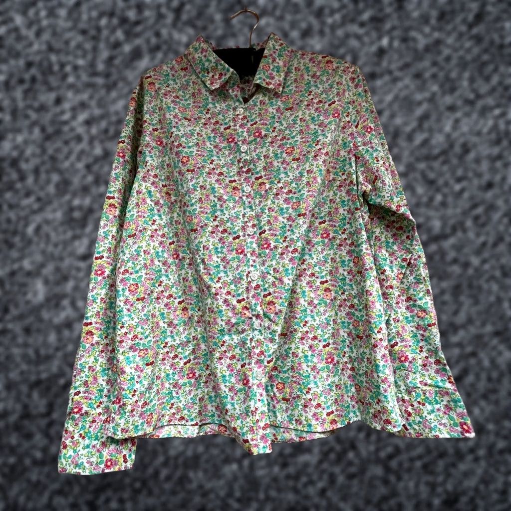 Lands' End Lands' End Women's Button Down Floral Top Long Sleeve Cotton Green Sz 14 Size XL / US 12-14 / IT 48-50 - 1 Thumbnail