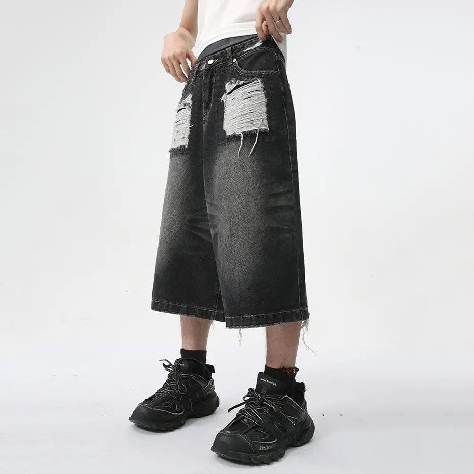 Japanese Brand × Vintage Baggy Denim Ripped Whiskers Thread Jorts Size US 31 - 2 Thumbnail