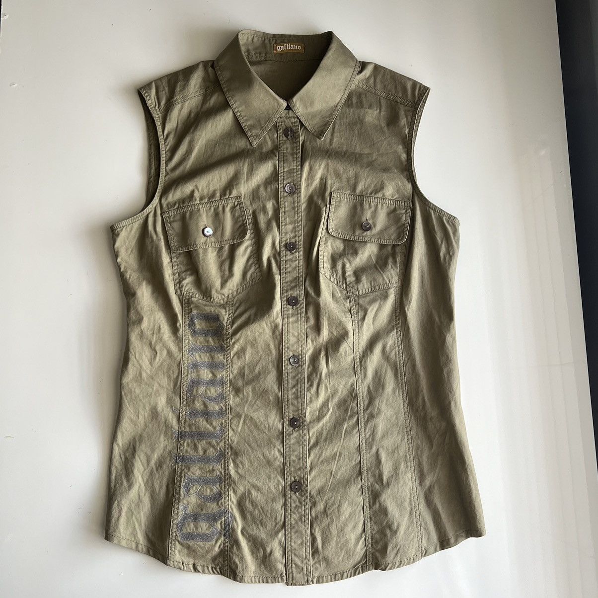 image of Galliano x John Galliano Women’S Silver And Khaki Sleeveless Button-Up in Green, Women's (Size Medi