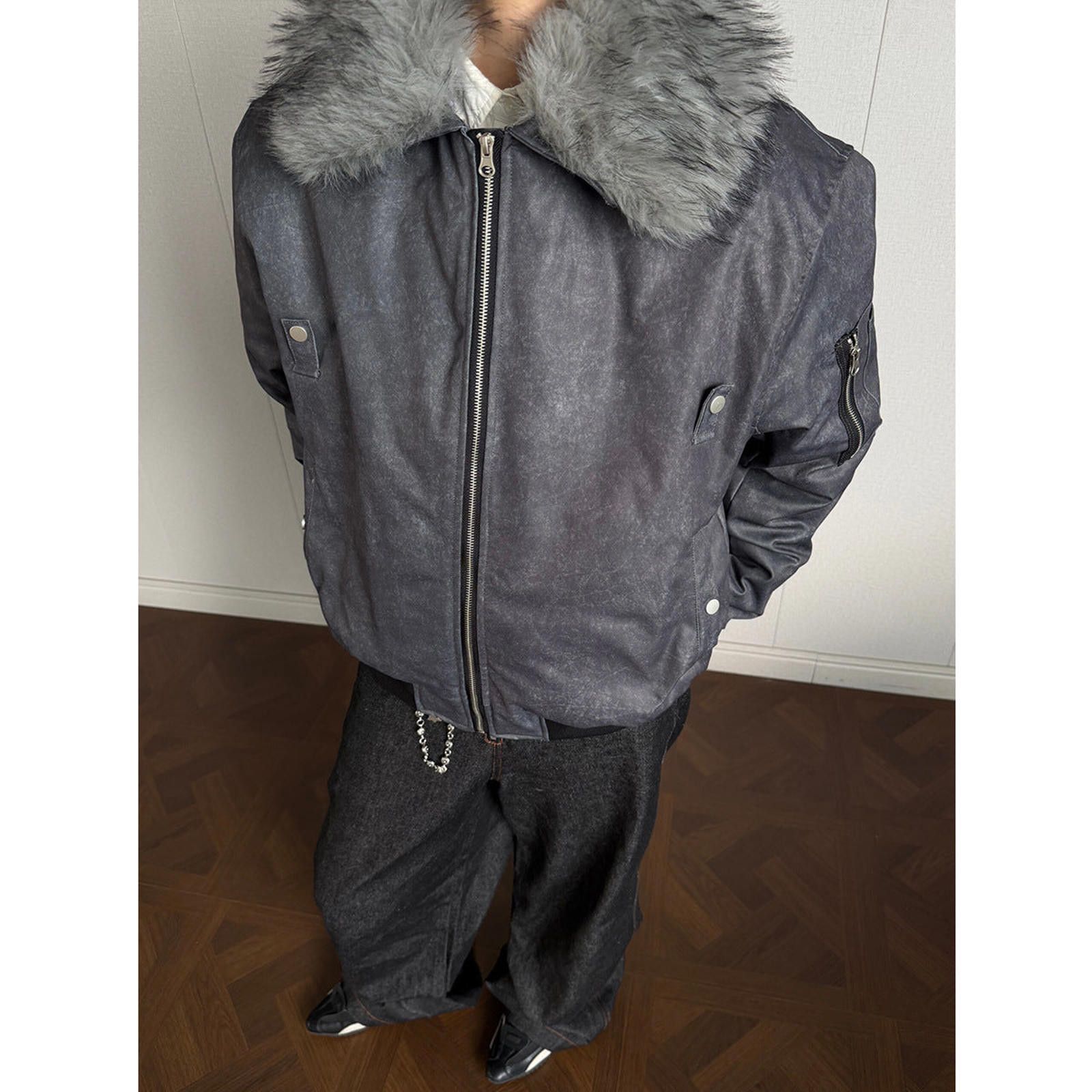 Japanese Brand Gray Faux Fur Collar Bomber Jacket, Men's Outerwear Size US L / EU 52-54 / 3 - 3 Thumbnail