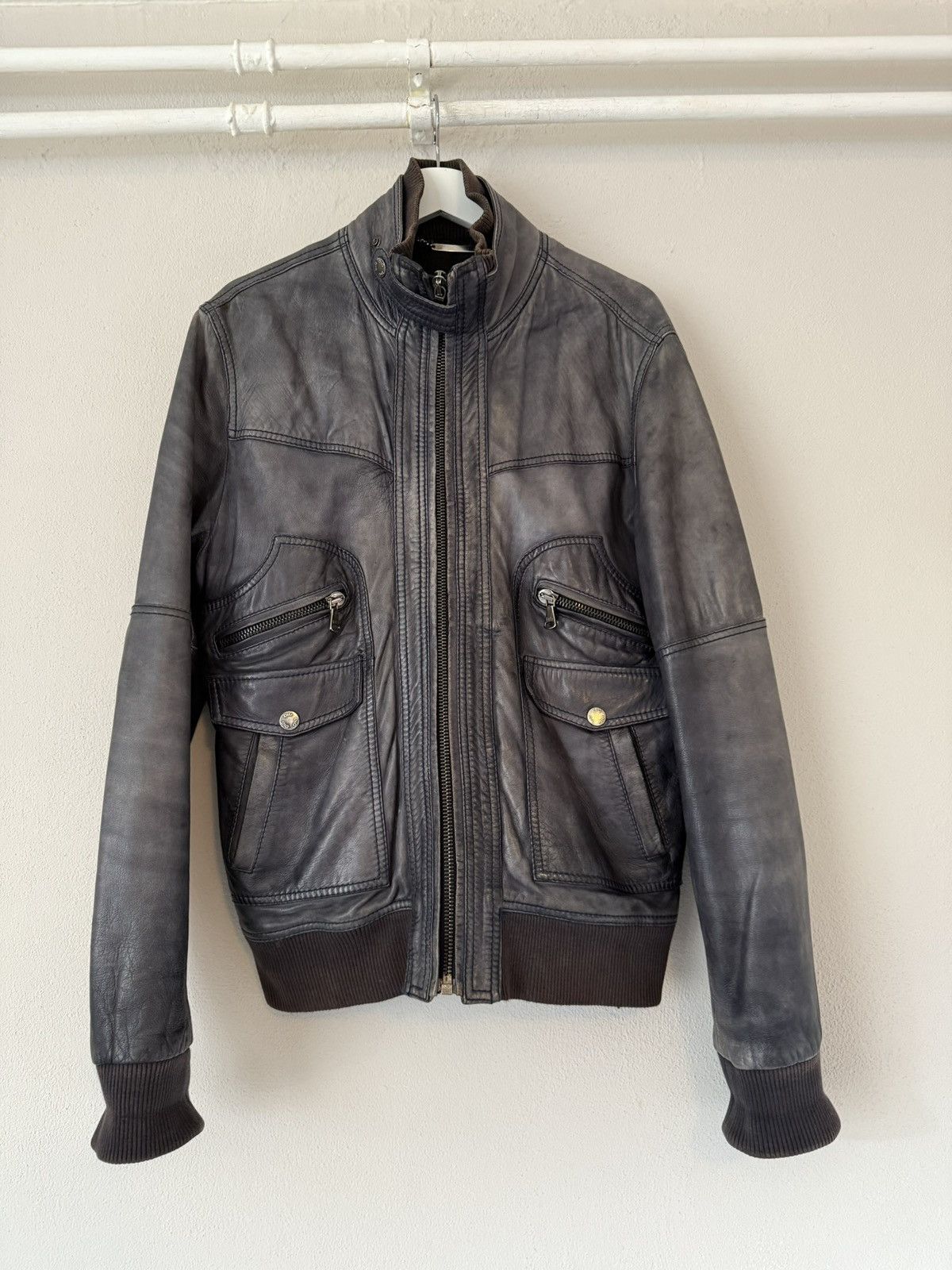 Dolce & Gabbana D&G Distressed Grey Lamb Leather Bomber Jacket Size US L / EU 52-54 / 3 - 1 Thumbnail