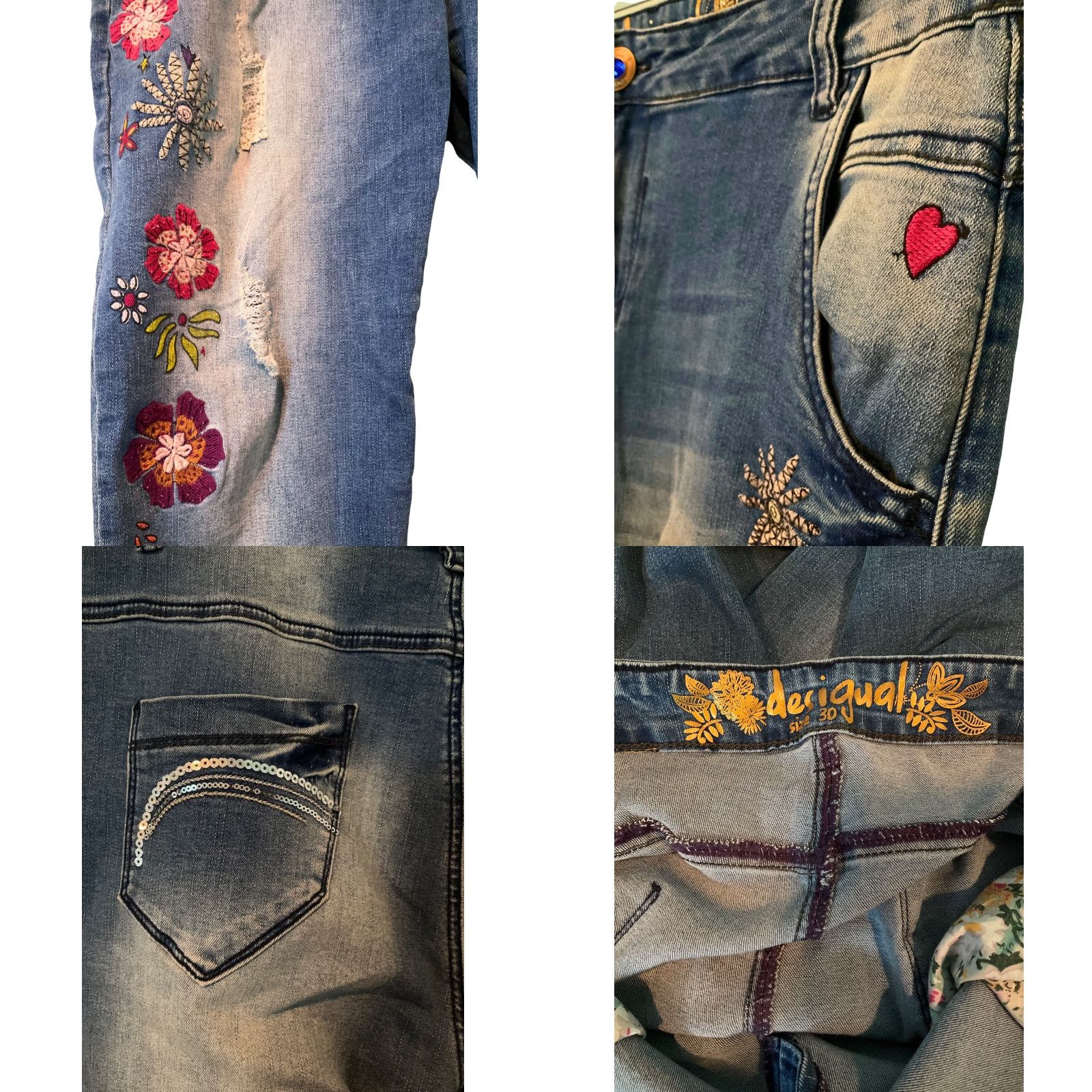 Desigual VINTAGE DESIGUAL Skinny Jeans 30 x 27 Womens Floral Embroidered Denim Blue 18SWDD59 Y2K Vibes Size 30" / US 8 / IT 44 - 8 Thumbnail