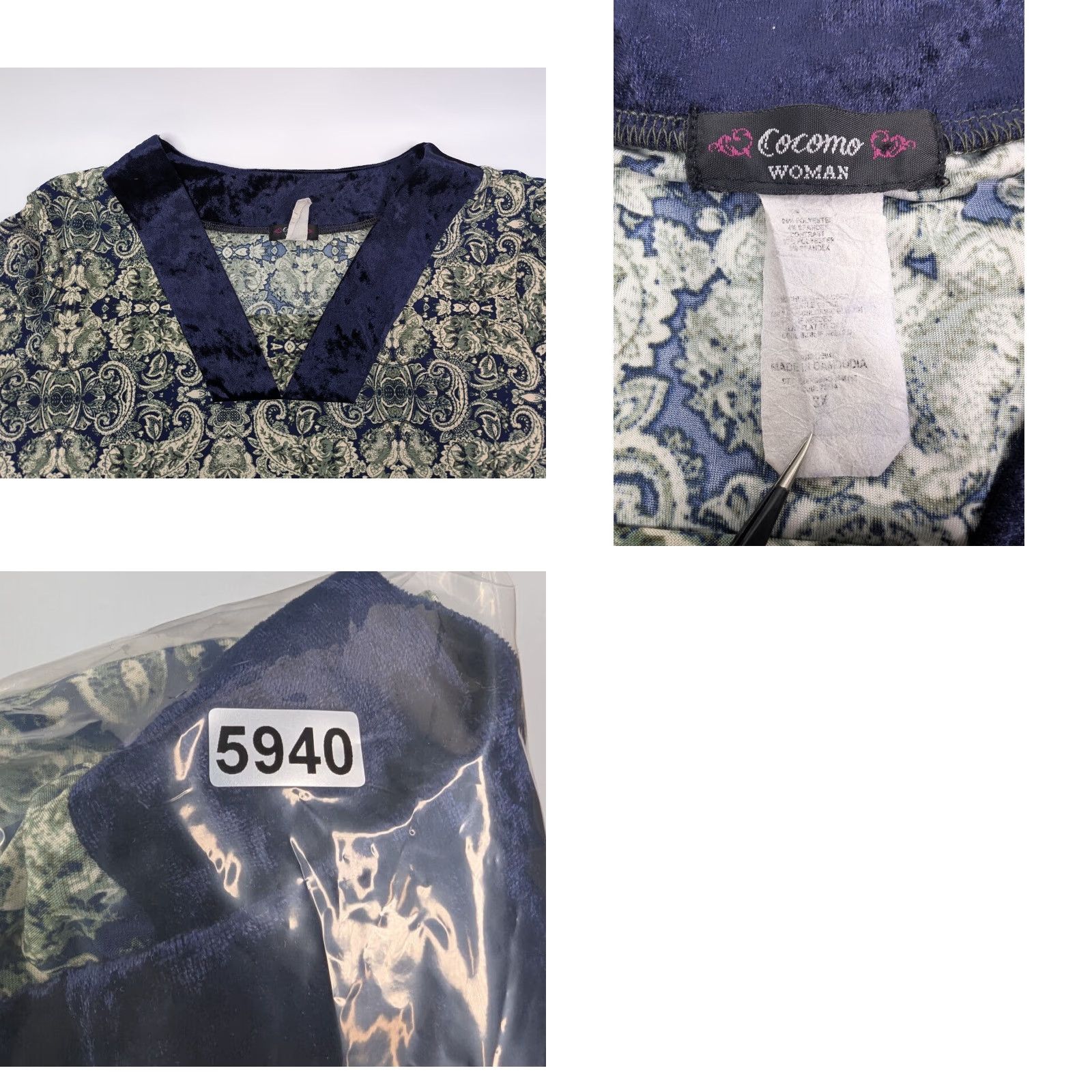 Velvet Cocomo Paisley V-Neck Jersey Velvet Top 3X Size 3/4 Sleeve Cold Shoulder Ladies Blouse Size XXL / US 16-18 / IT 52-54 - 8 Thumbnail