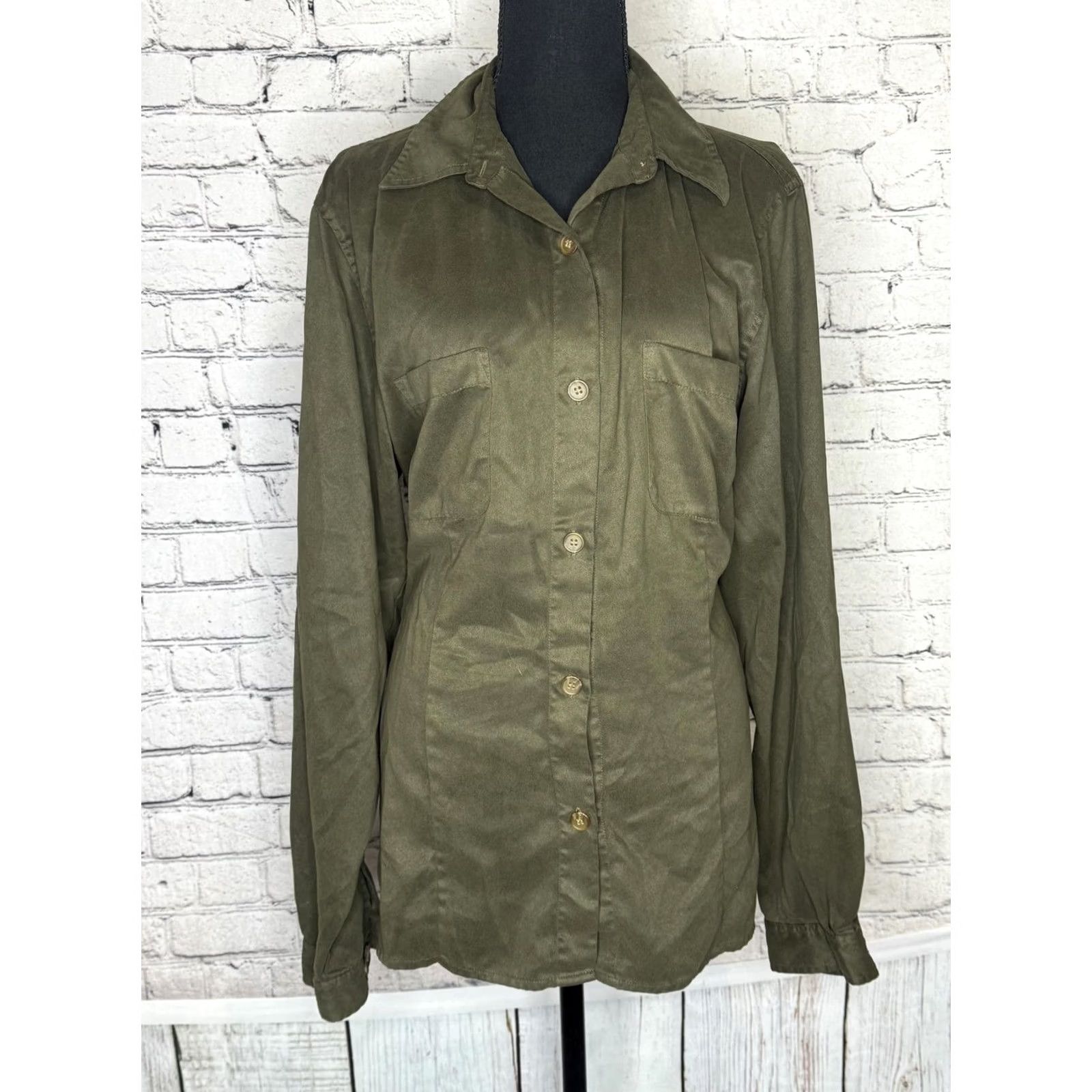 Vintage VINTAGE Hunt Club Button-Up Women's Shirt Tall 14 14T Green Solid Collared Long Sleeve Cotton Polyester Men? (Note: confused) Size XL / US 12-14 / IT 48-50 - 5 Thumbnail