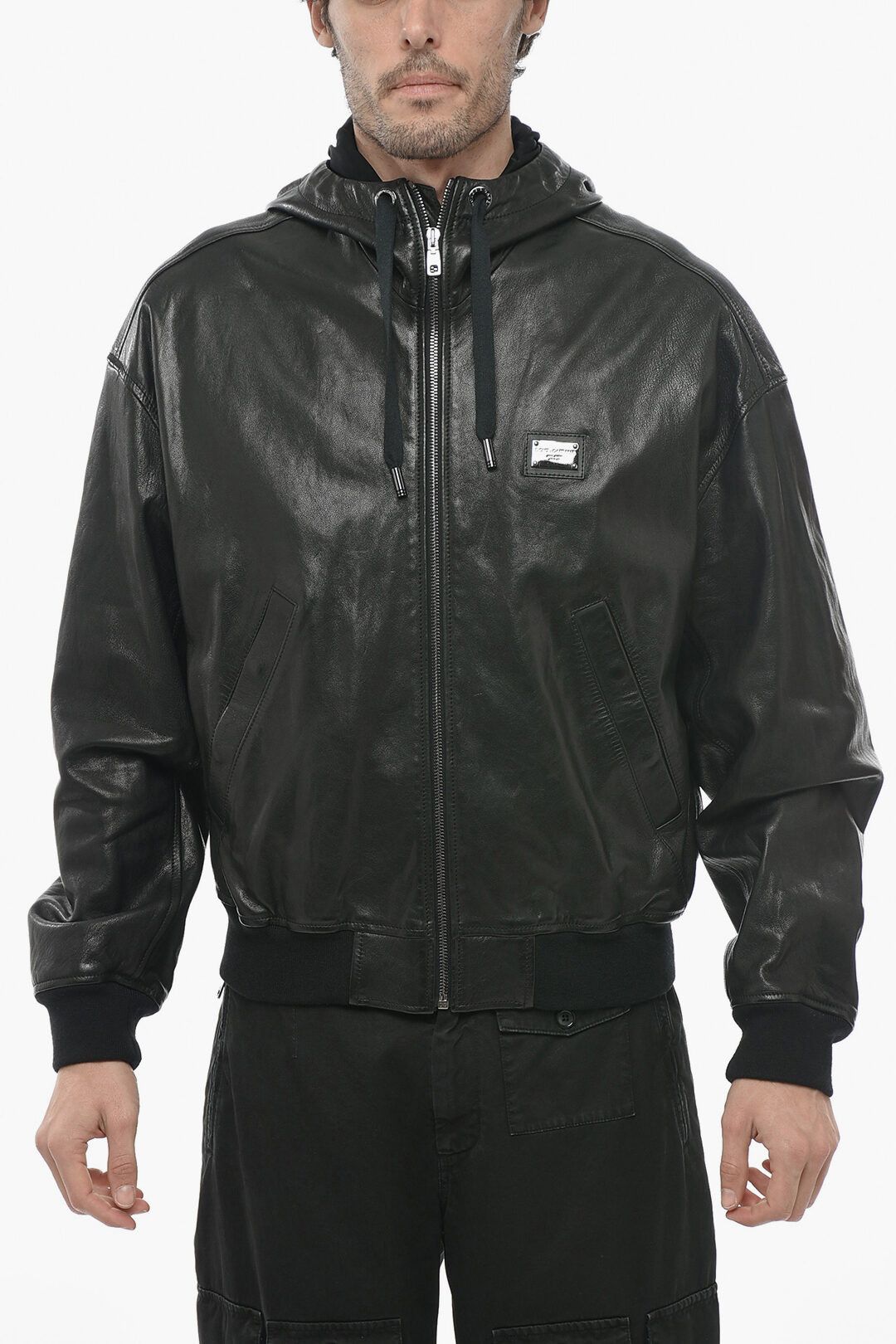 image of Dolce Gabbana Og1Mm0424 Hooded Leather Bomber Jacket In Black, Men's (Size Medium)