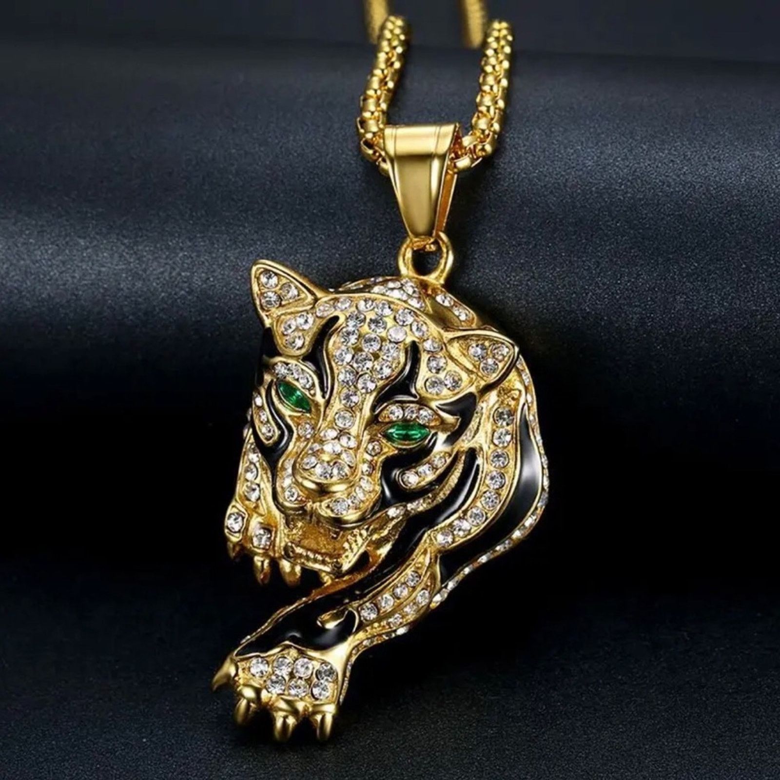 Jewelry Growling tiger gold emerald eye pendant necklace Size ONE SIZE - 7 Thumbnail