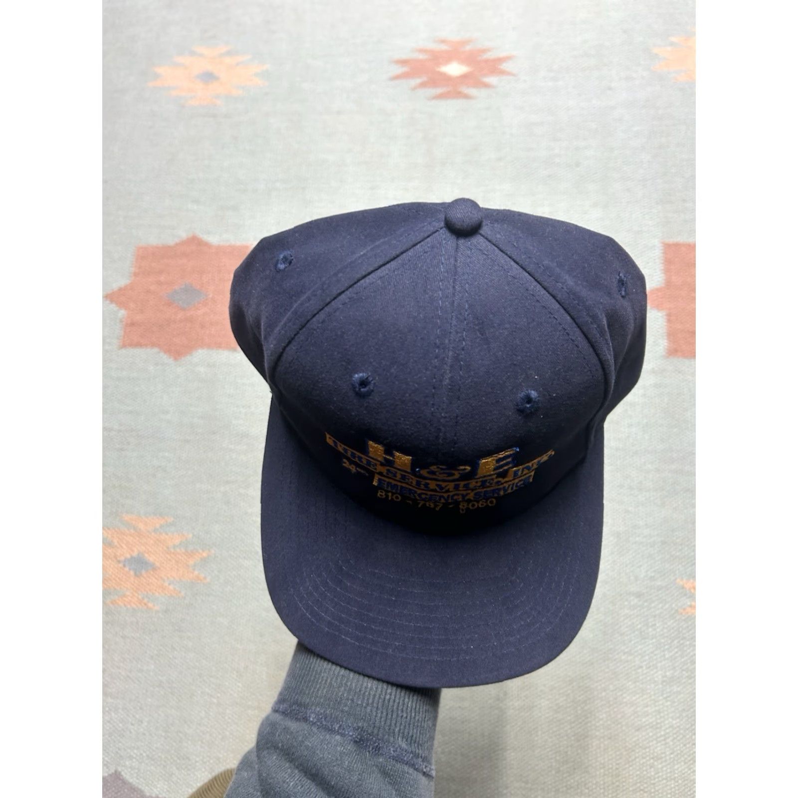 Vintage VINTAGE SnapBack Hat Cap H&E Tire Service Navy Blue Adjustable Car Mechanic Mens Adjustable Size ONE SIZE - 3 Thumbnail